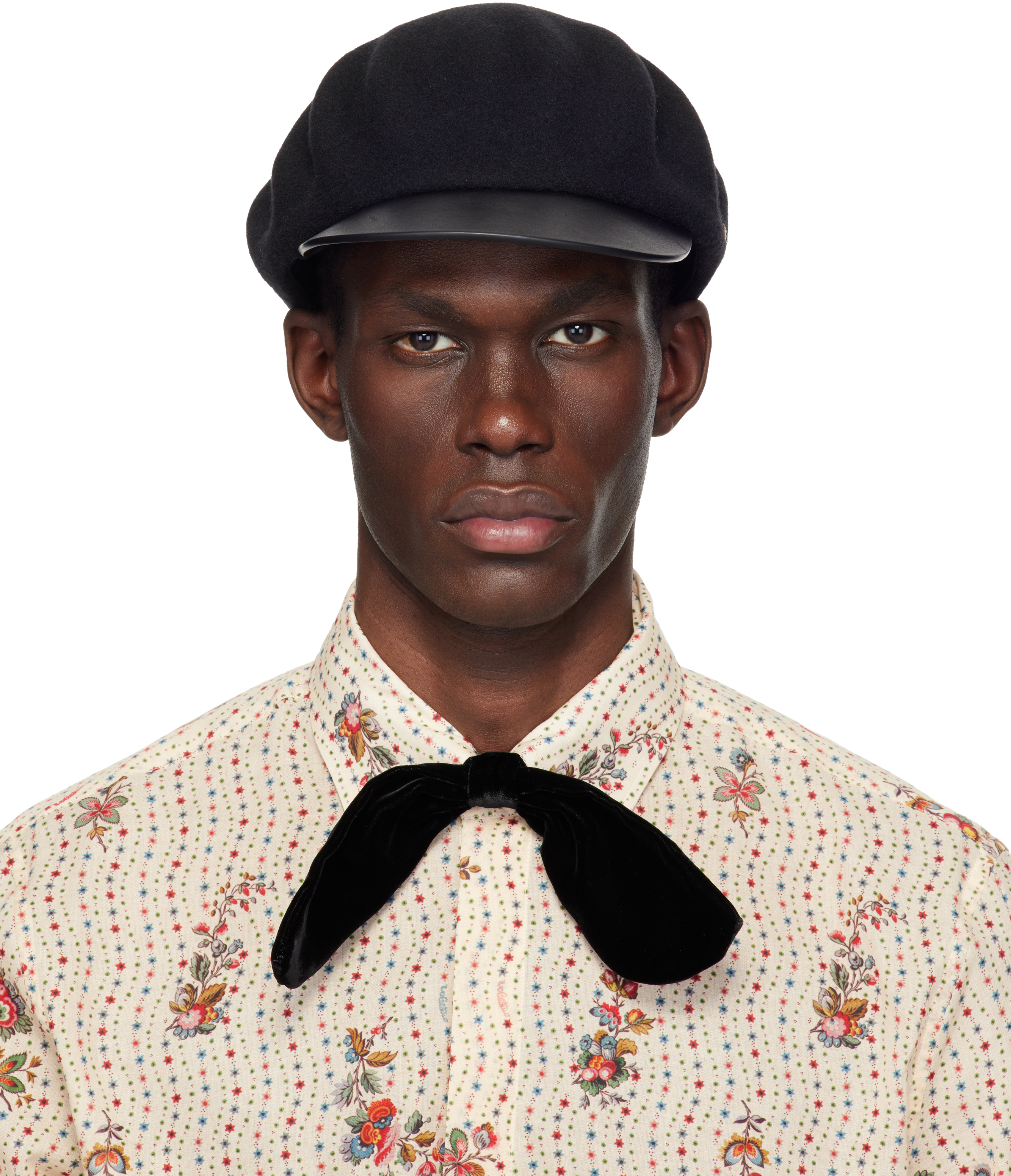 Valentino Garavani Black VLogo Leather Visor Signature Wool Cap