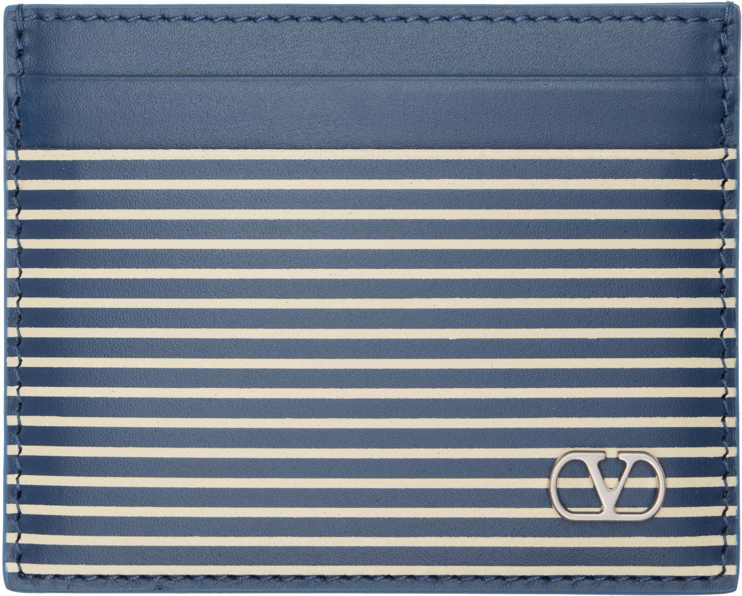Valentino Garavani Navy & Off-White VLogo Signature Striped Print Card Holder