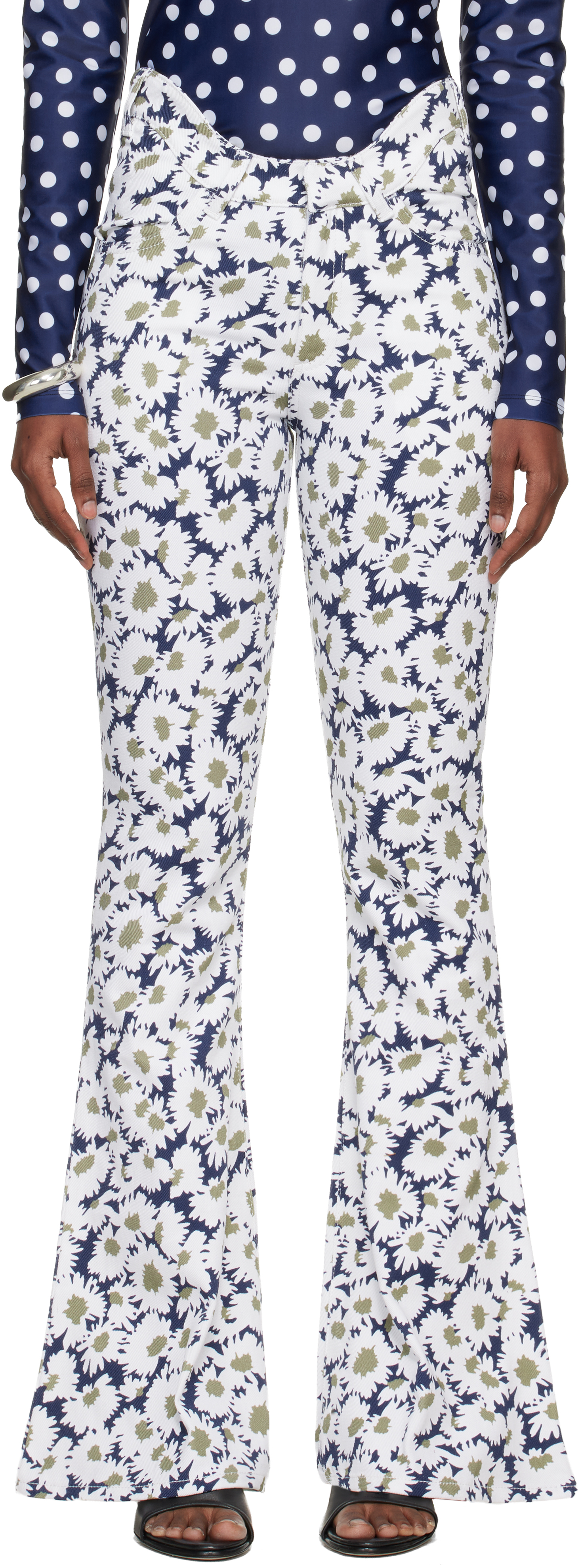 Jean Paul Gaultier: White & Navy 'The Curved Flower' Jeans | SSENSE
