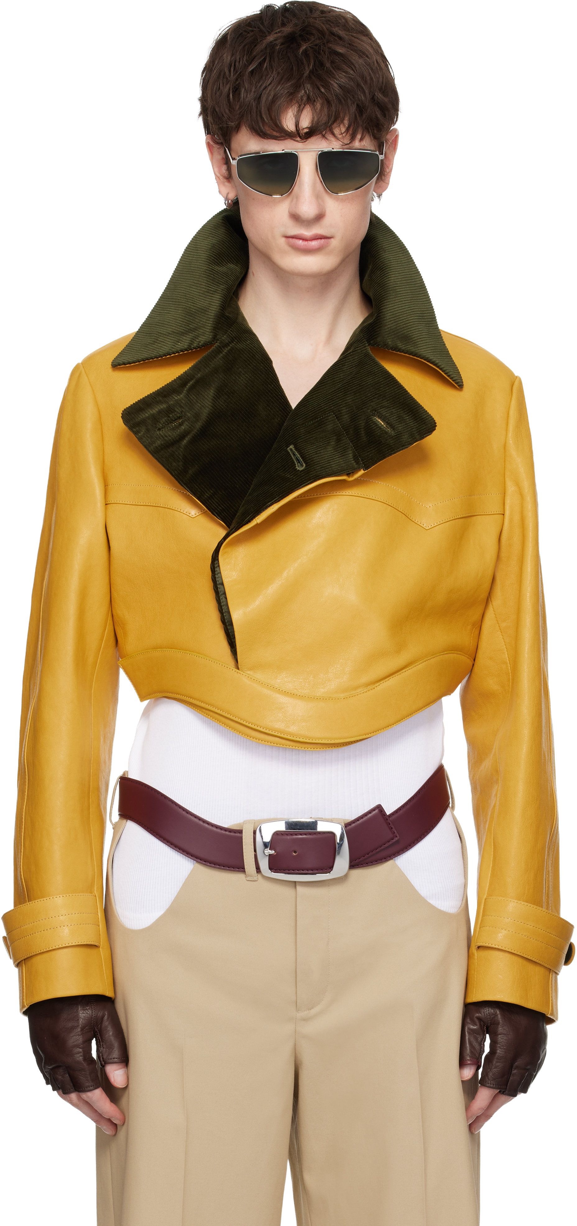 Jean Paul Gaultier: イエロー Curved Waistband レザージャケット