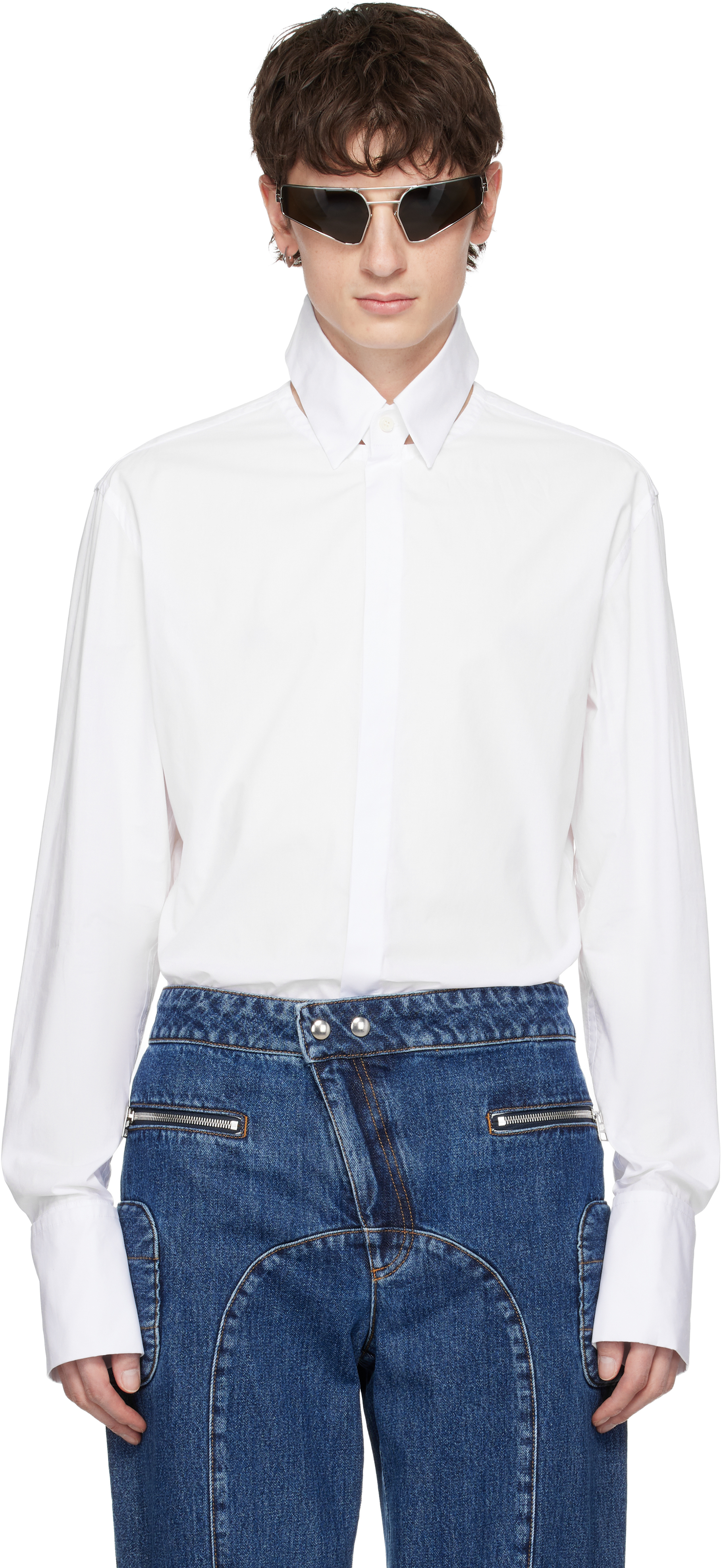 White Open Fly Away Shirt by Jean Paul Gaultier on Sale