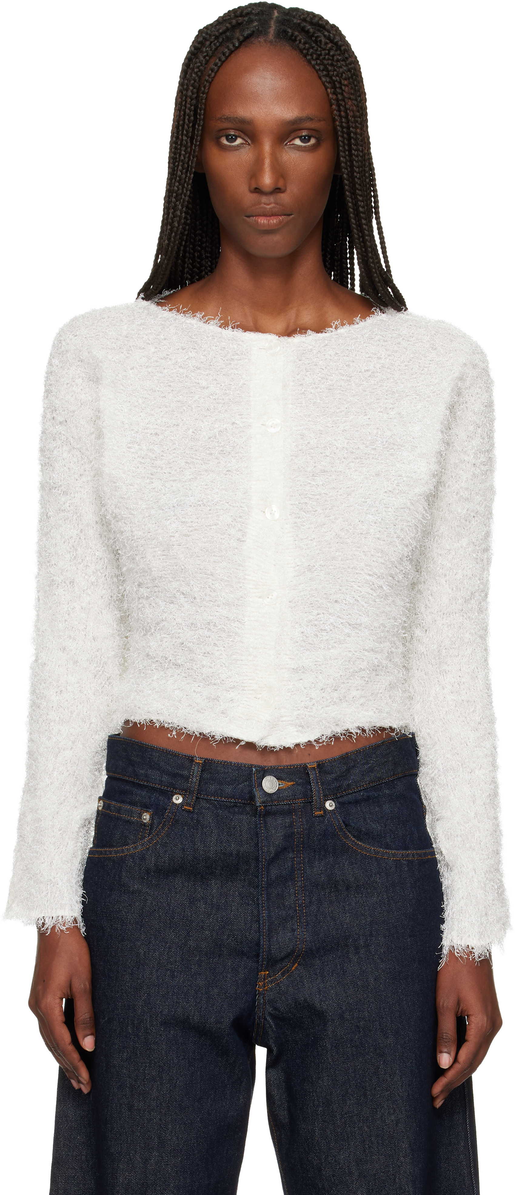 ISSEY MIYAKE: Off-White Shifted Fuzzy Pleats Cardigan | SSENSE 