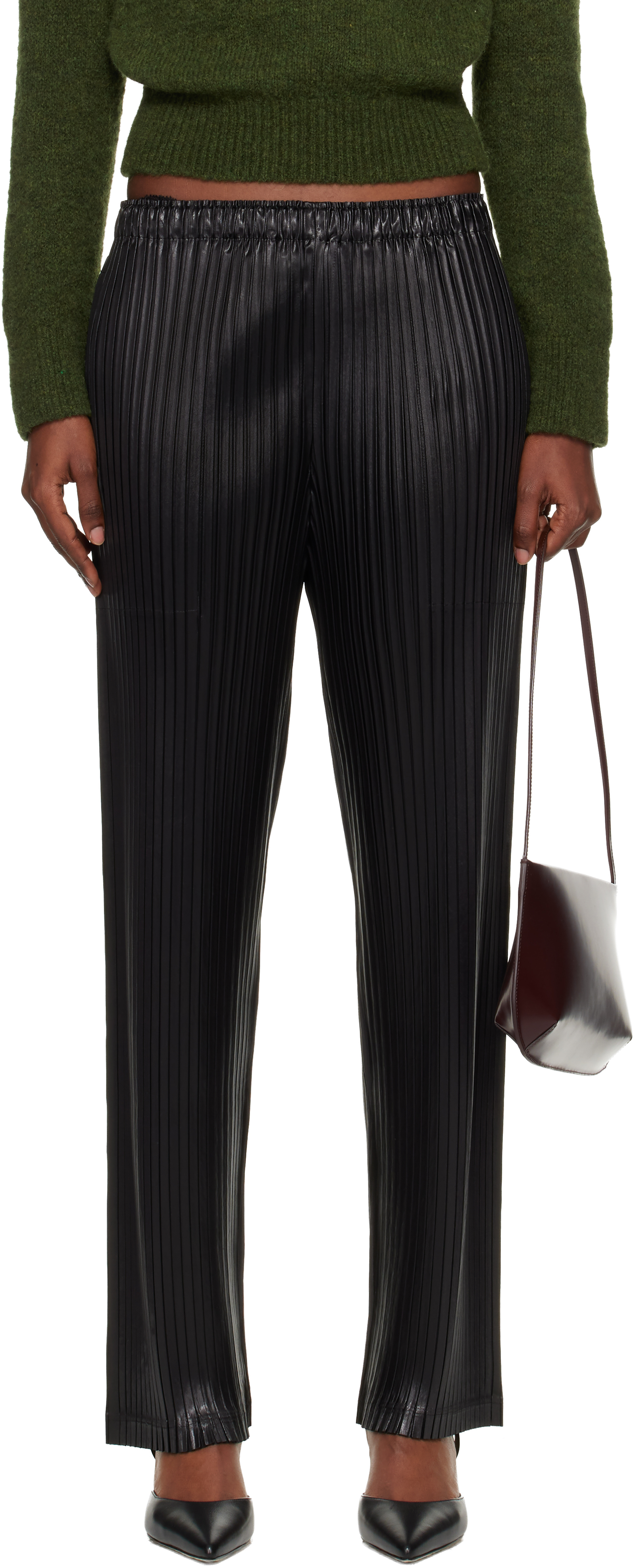 Black Glossed Metal Pleats Trousers by ISSEY MIYAKE on Sale