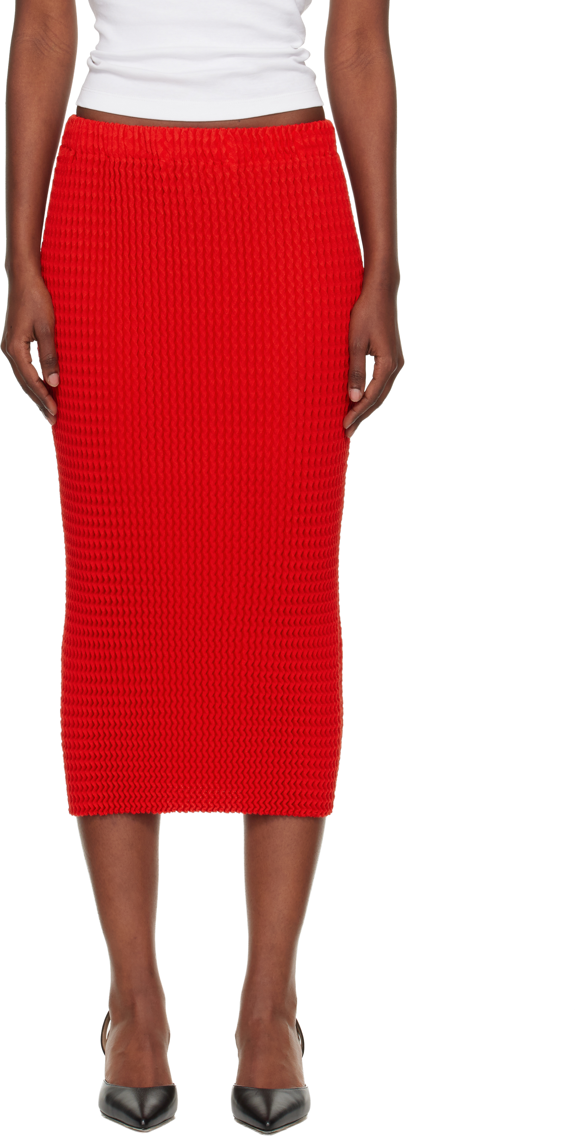 美品 ISSEY MIYAKE 21SS SPONGY タイトスカート 2 ISSEY MIYAKE: Red October Spongy-58 Midi Skirt | SSENSE