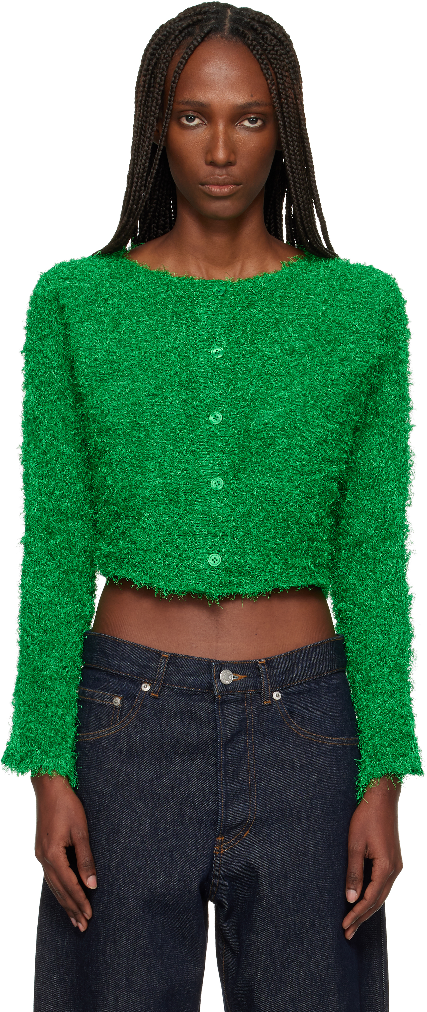 ISSEY MIYAKE: Green Shifted Fuzzy Pleats Cardigan | SSENSE 
