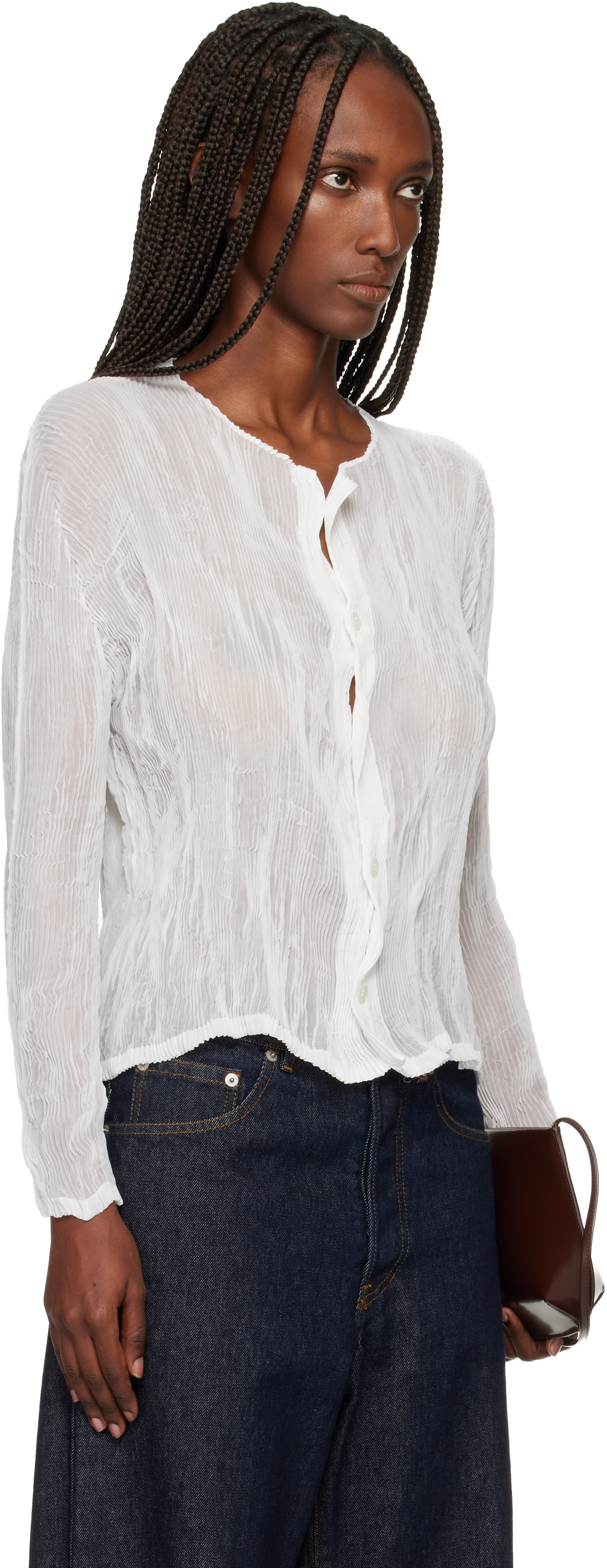 Issey Miyake White Chiffon Twist Cardigan In White