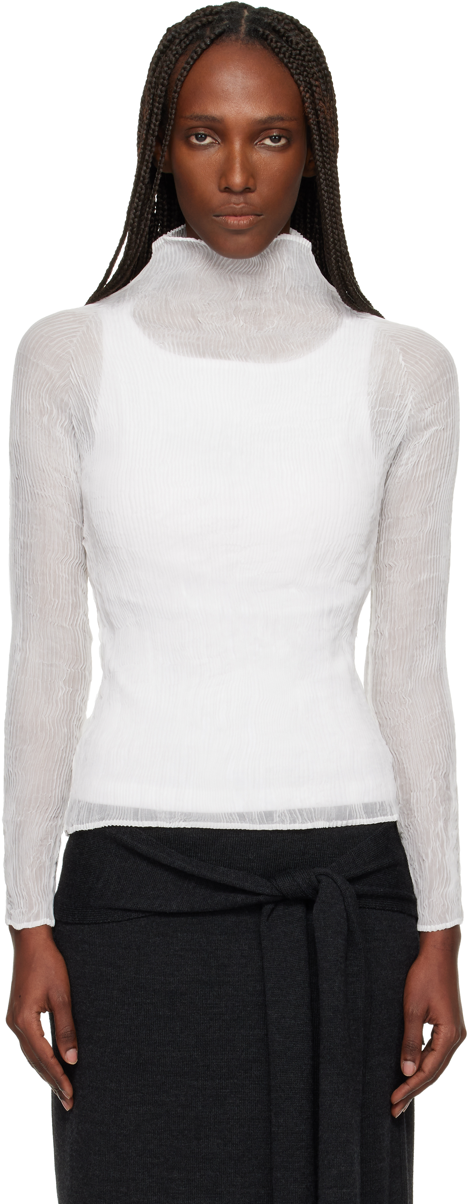 ISSEY MIYAKE: White Chiffon Twist Top | SSENSE
