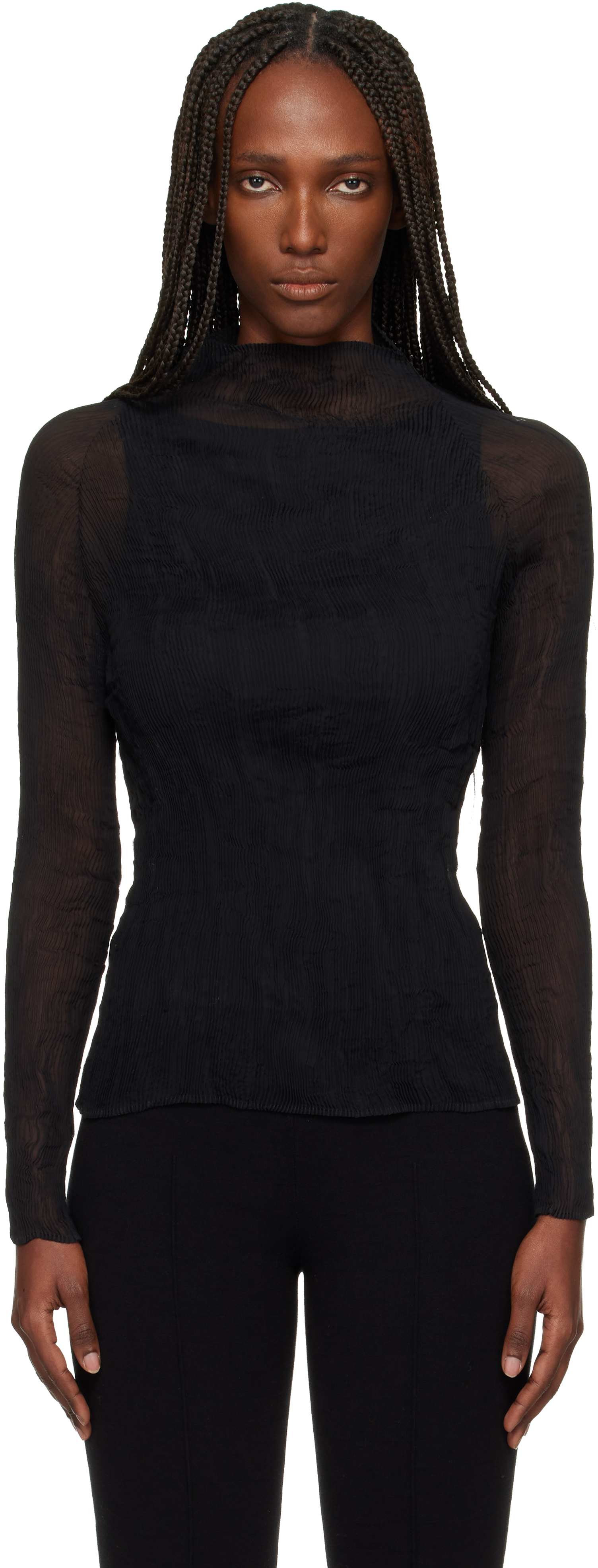 ISSEY MIYAKE: Black Chiffon Twist Top | SSENSE