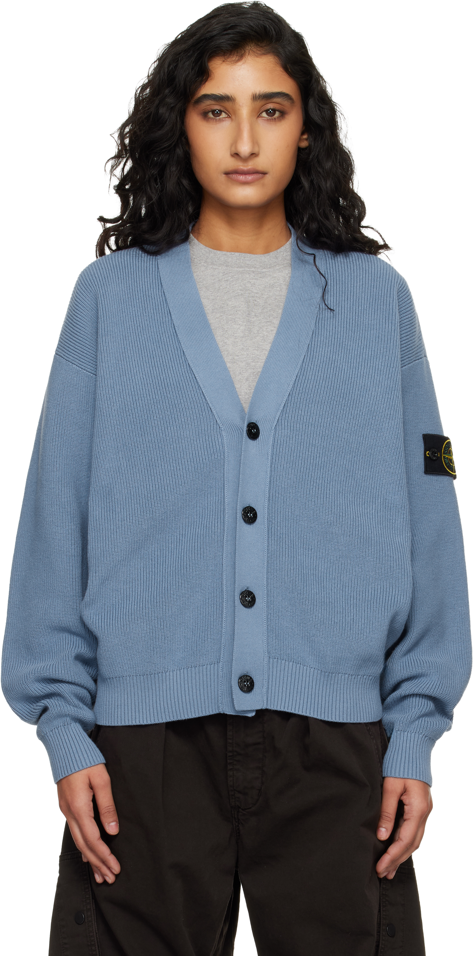 Stone Island Blue 5100009 Ribbed Soft Organic Cotton Cardigan