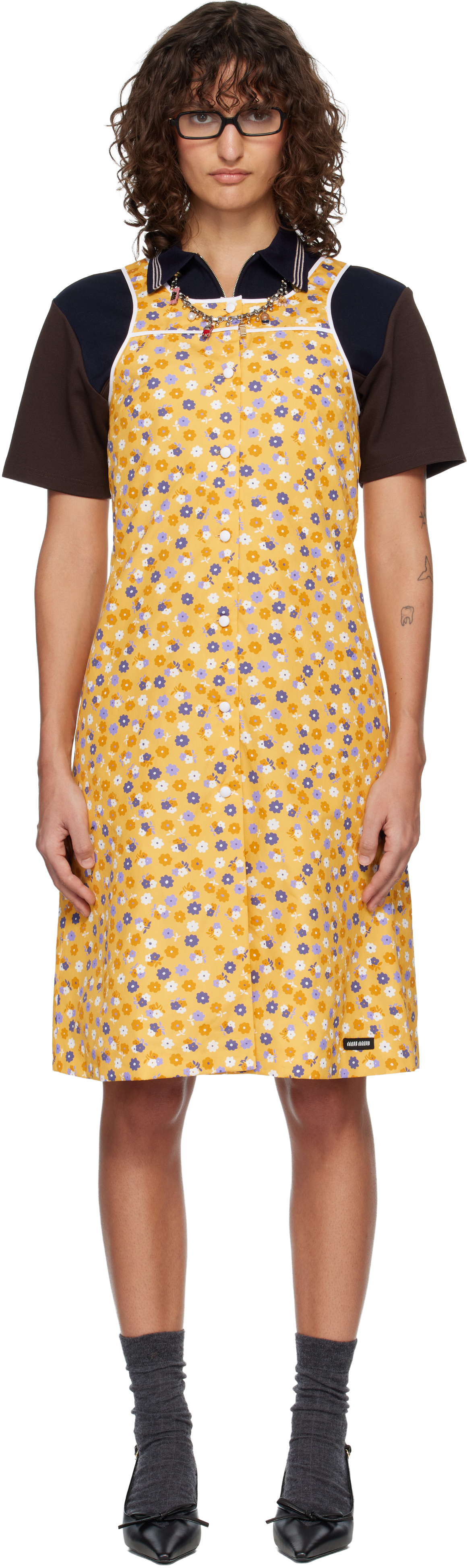 Miu Miu: Yellow Poplin Midi Dress | SSENSE Canada