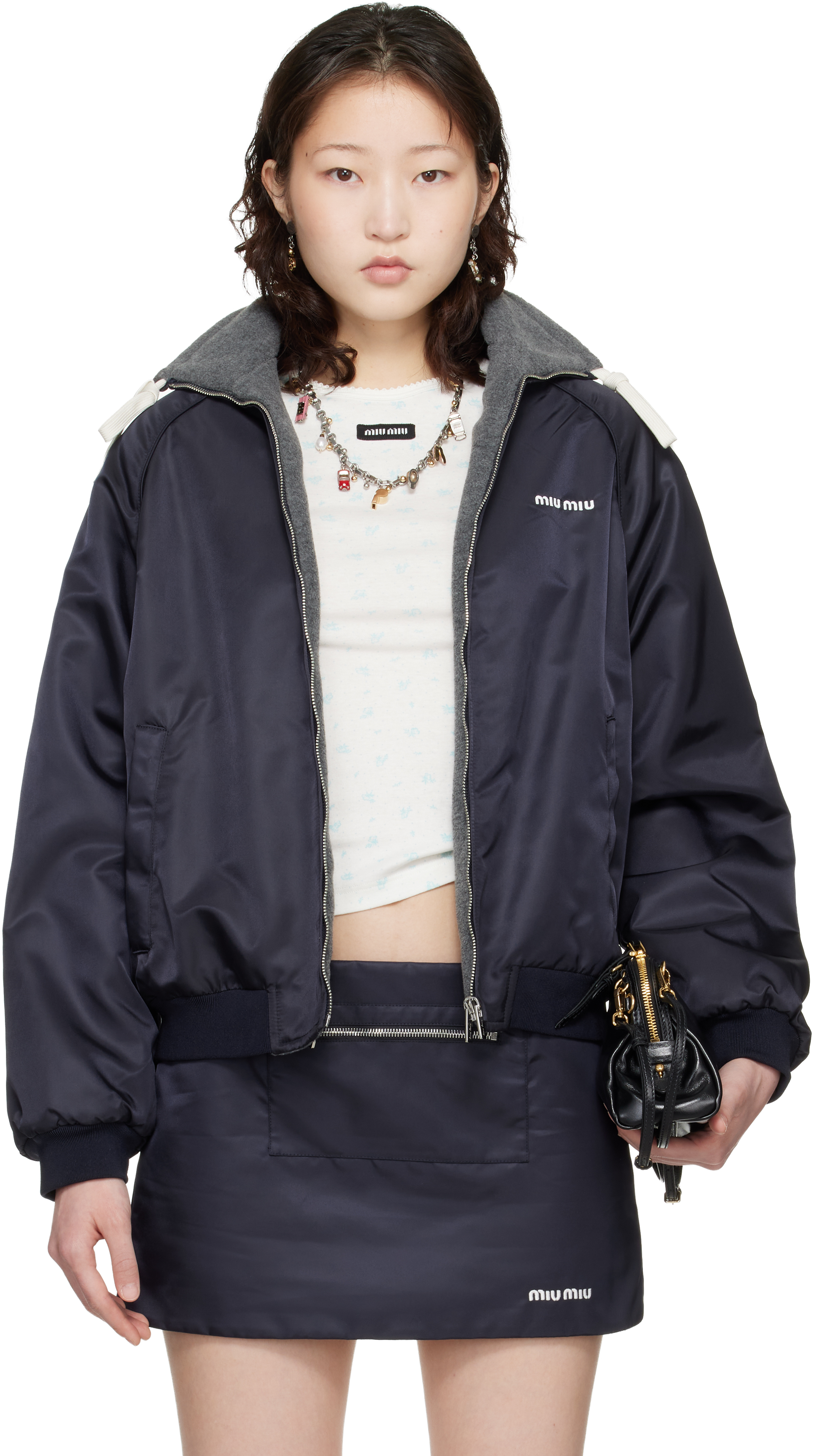 Miu Miu: Navy & Gray Technical Gazar & Fleece Reversible Bomber