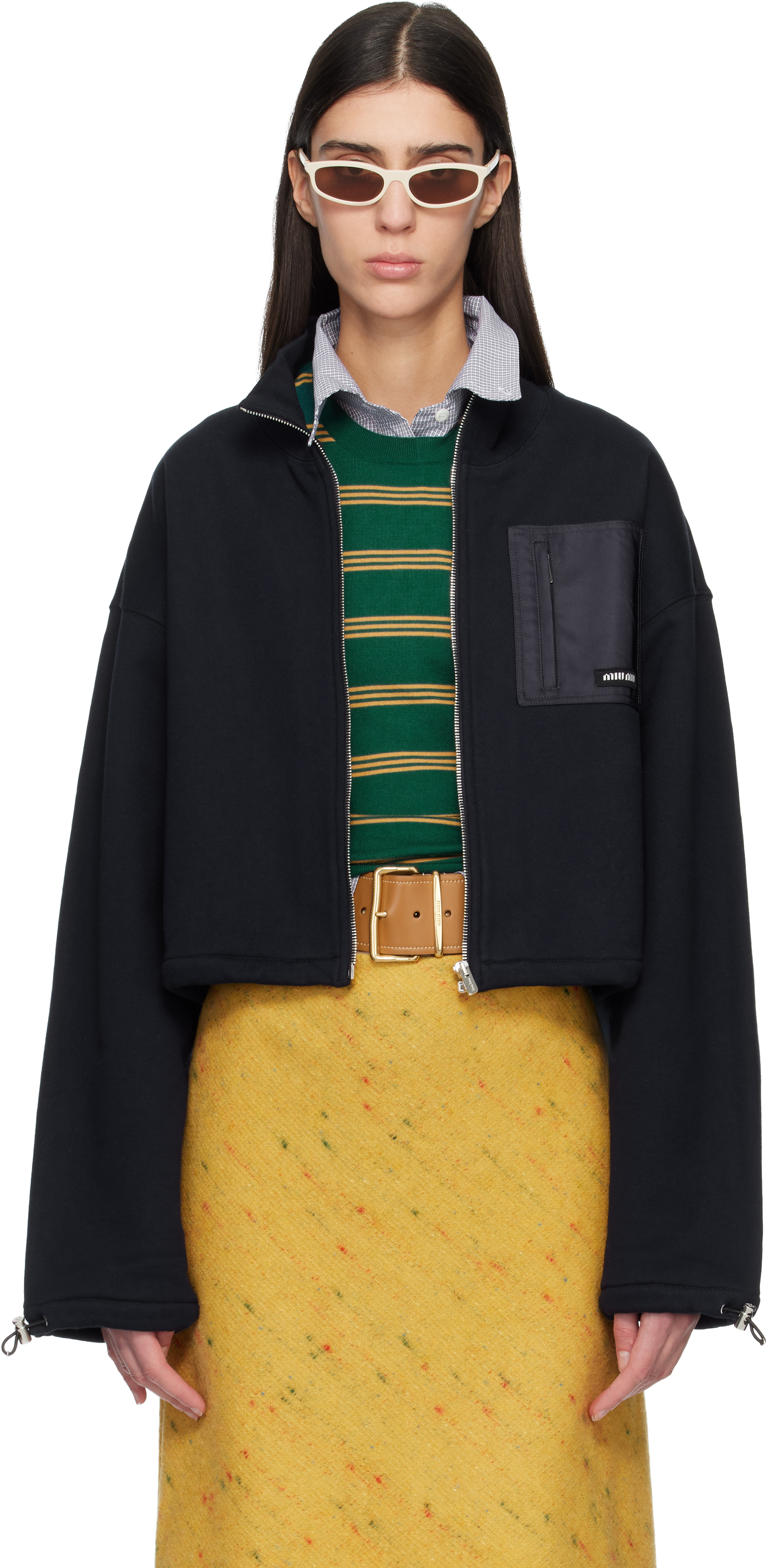 Miu Miu: Navy Zippered Fleece Jacket | SSENSE Canada