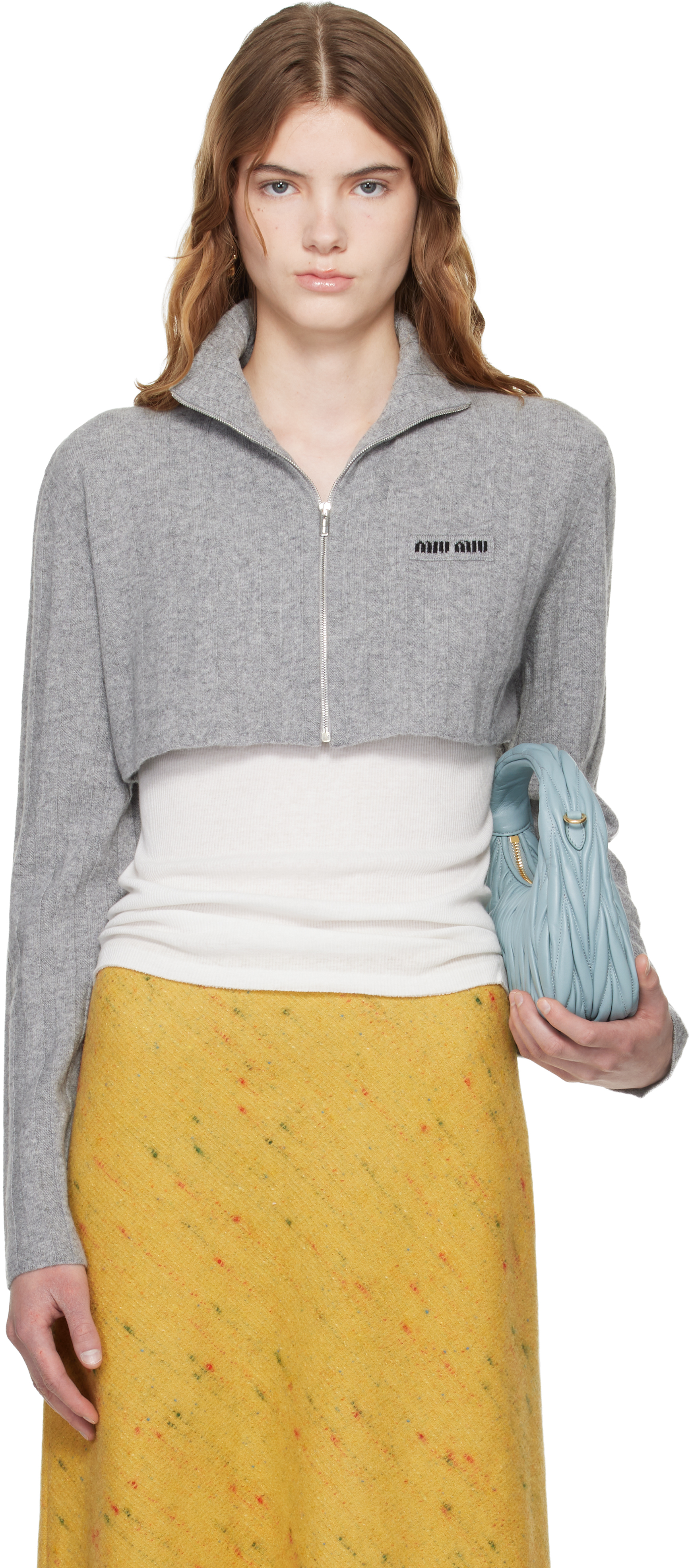 Miu Miu: Gray Cropped Wool & Cashmere Cardigan | SSENSE Canada