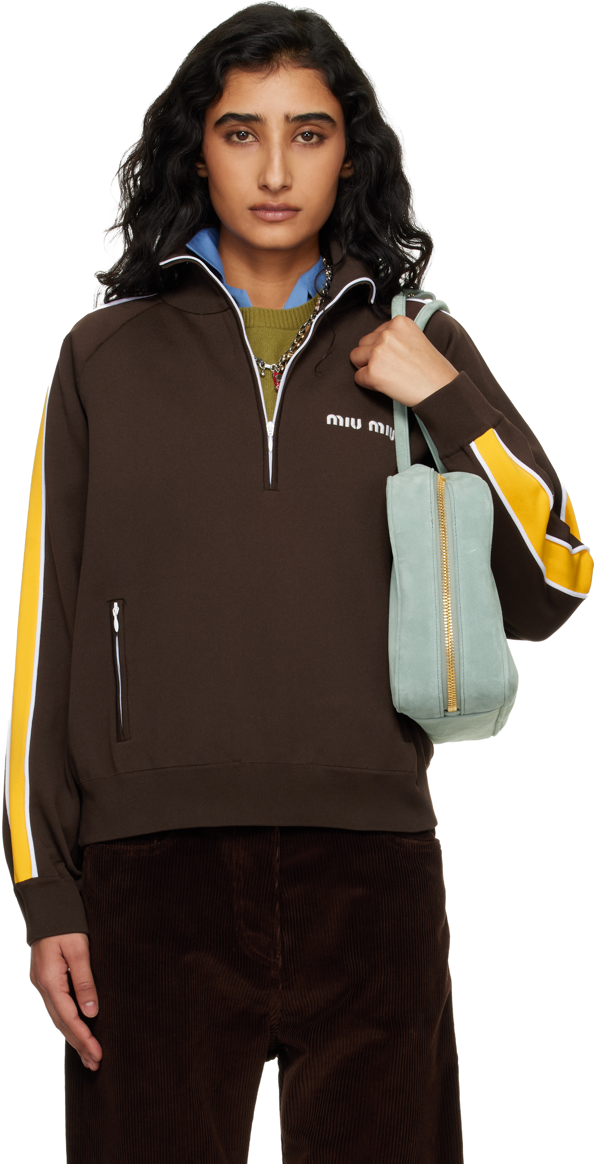 Miu Miu: Brown Technical Yarn Zipper Sweatshirt | SSENSE Canada