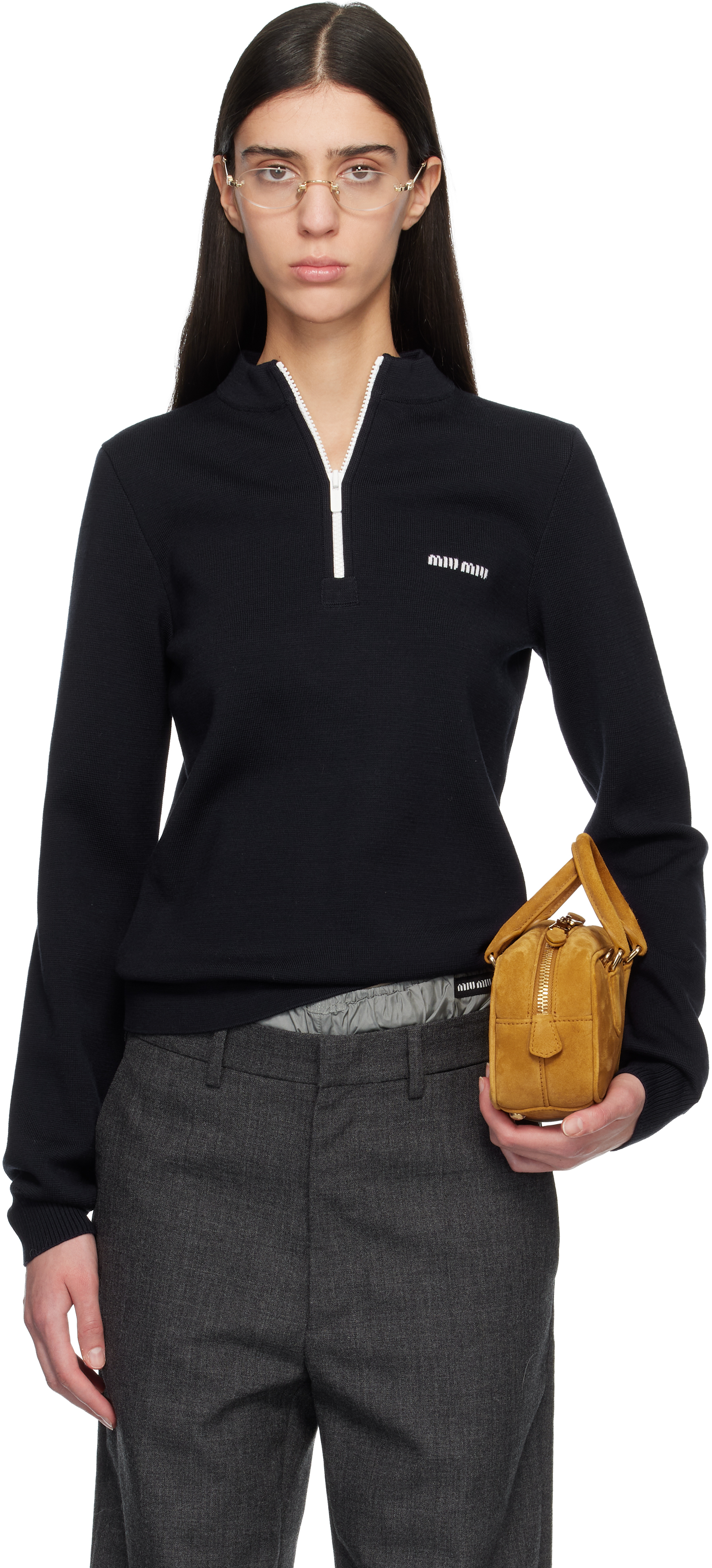 Miu Miu: Navy Wool Half-Zipper Sweater | SSENSE Canada