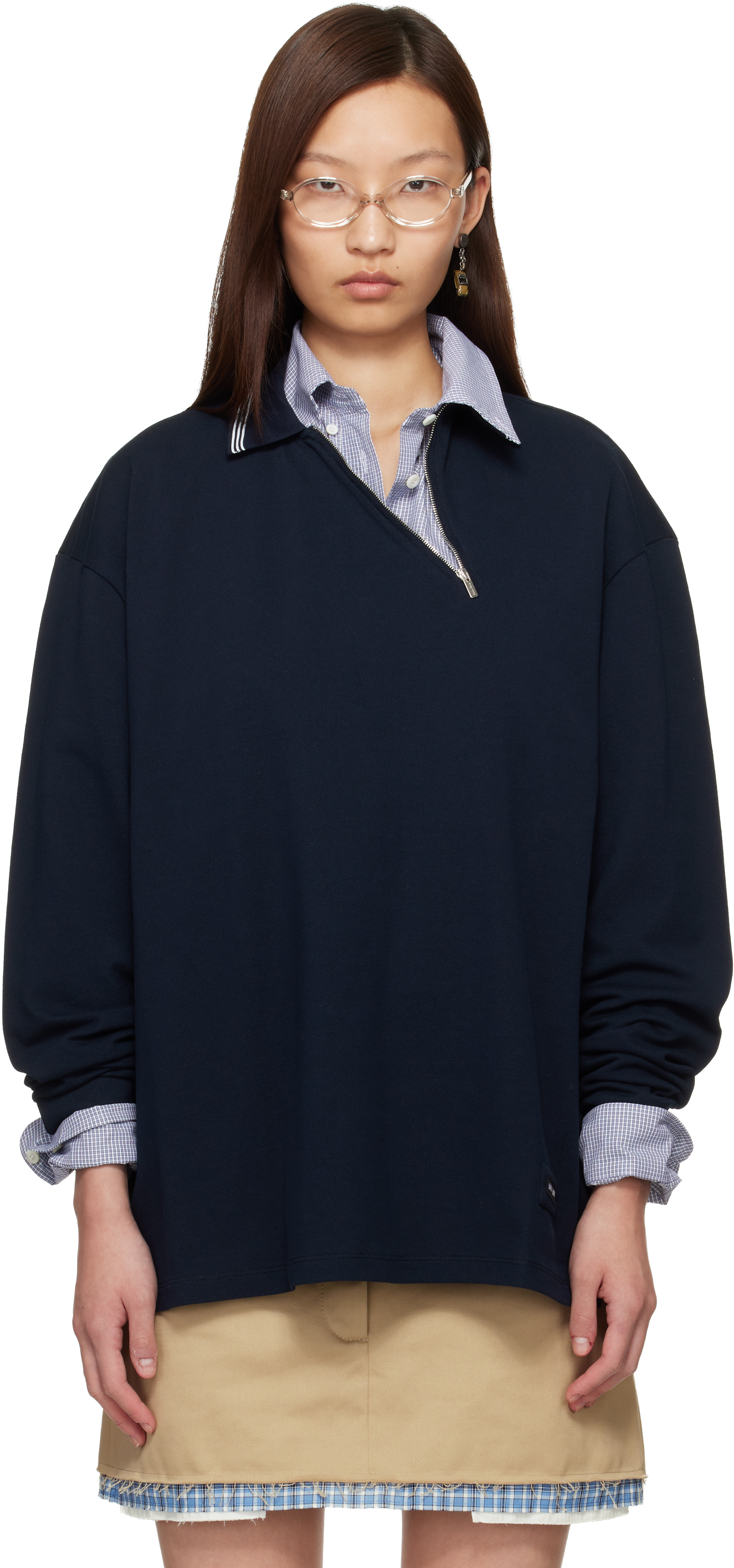 ponページ Miu Miu: Navy Cotton Piqué Zippered Long Sleeve Polo | SSENSE Canada