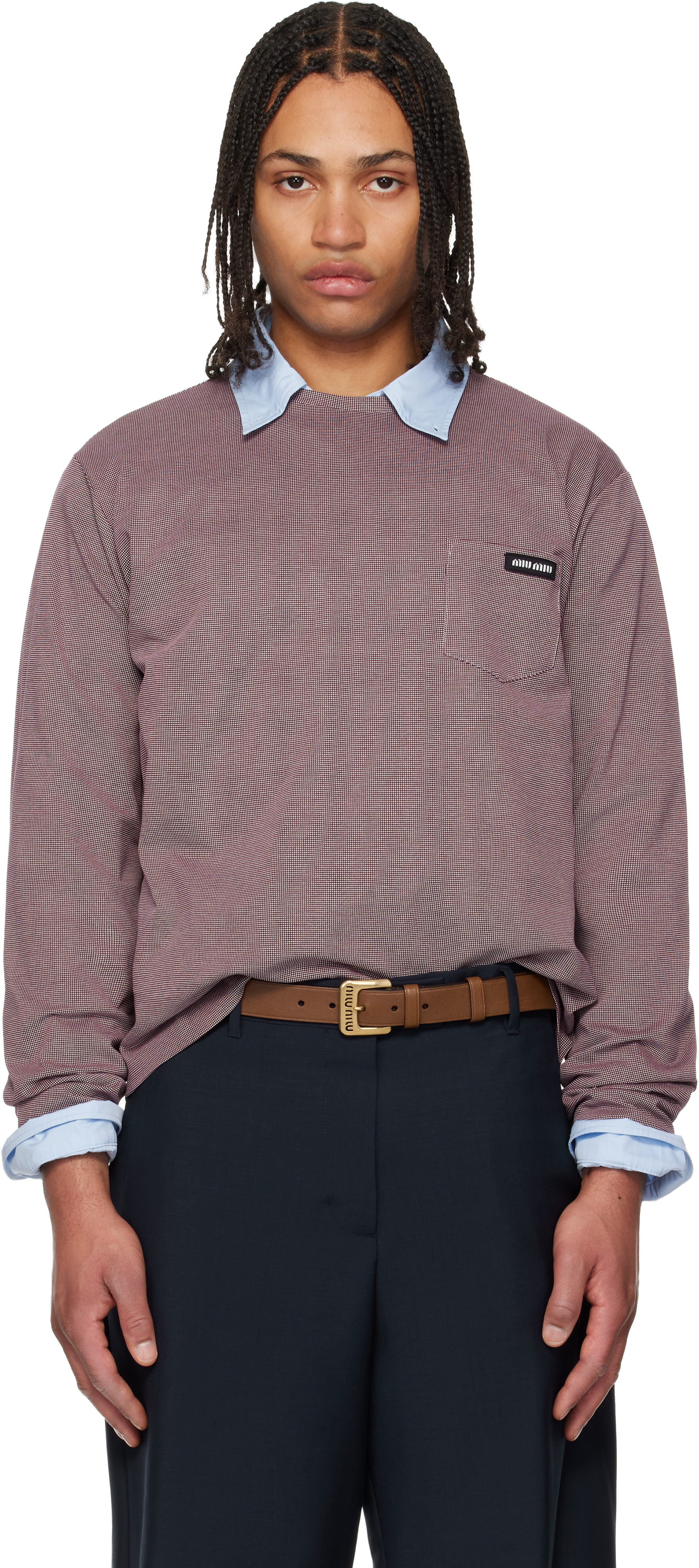 Miu Miu: White & Burgundy Jacquard Jersey Long Sleeve T-shirt