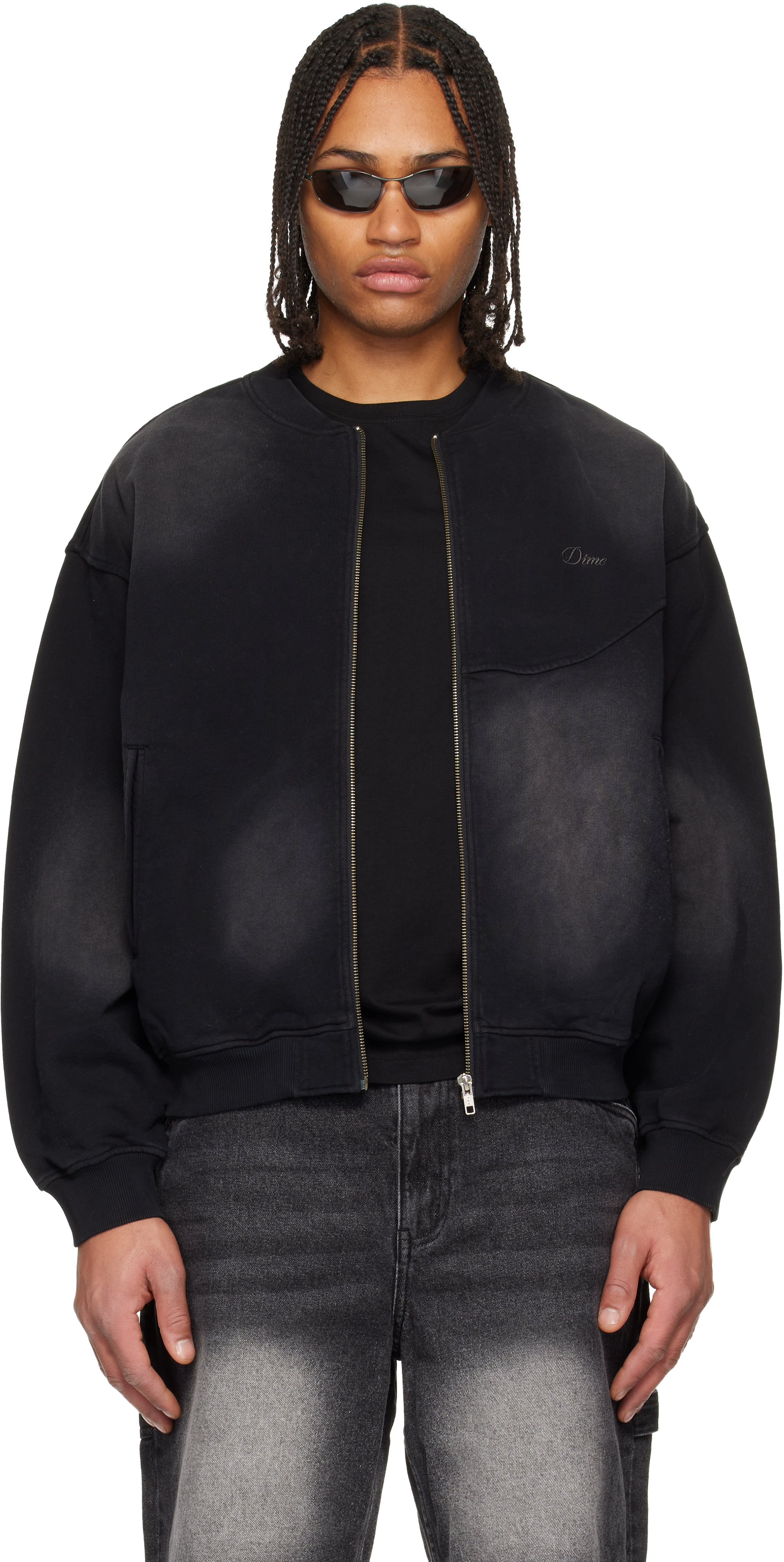 Dime Black Faded Fleece Bomber Jacket