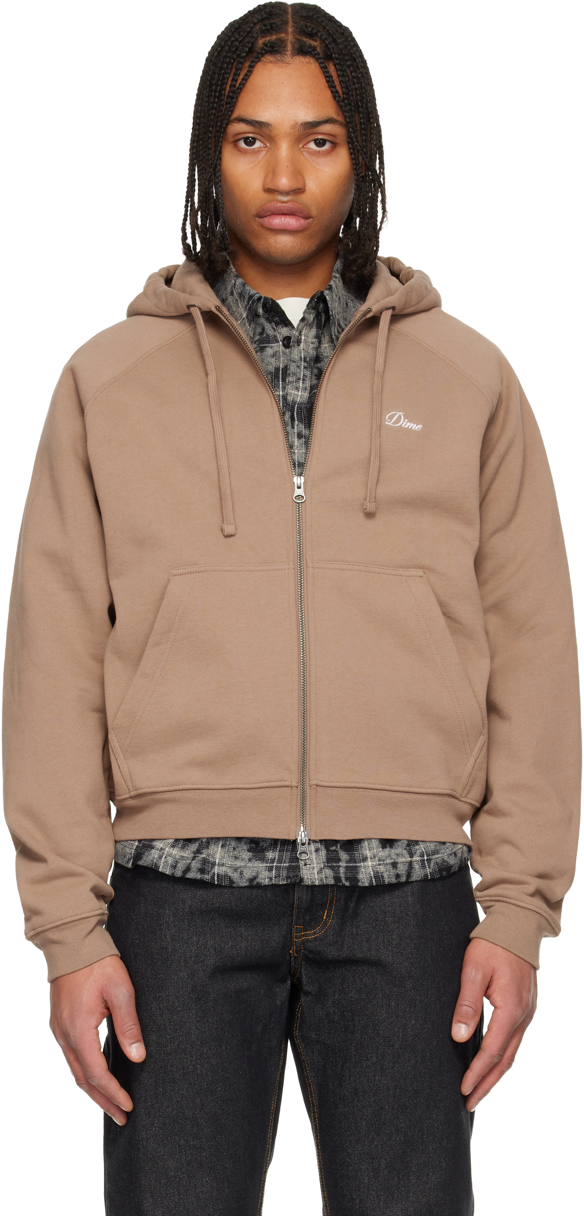 Dime Taupe Cursive Small Logo Zip Hoodie In Brown