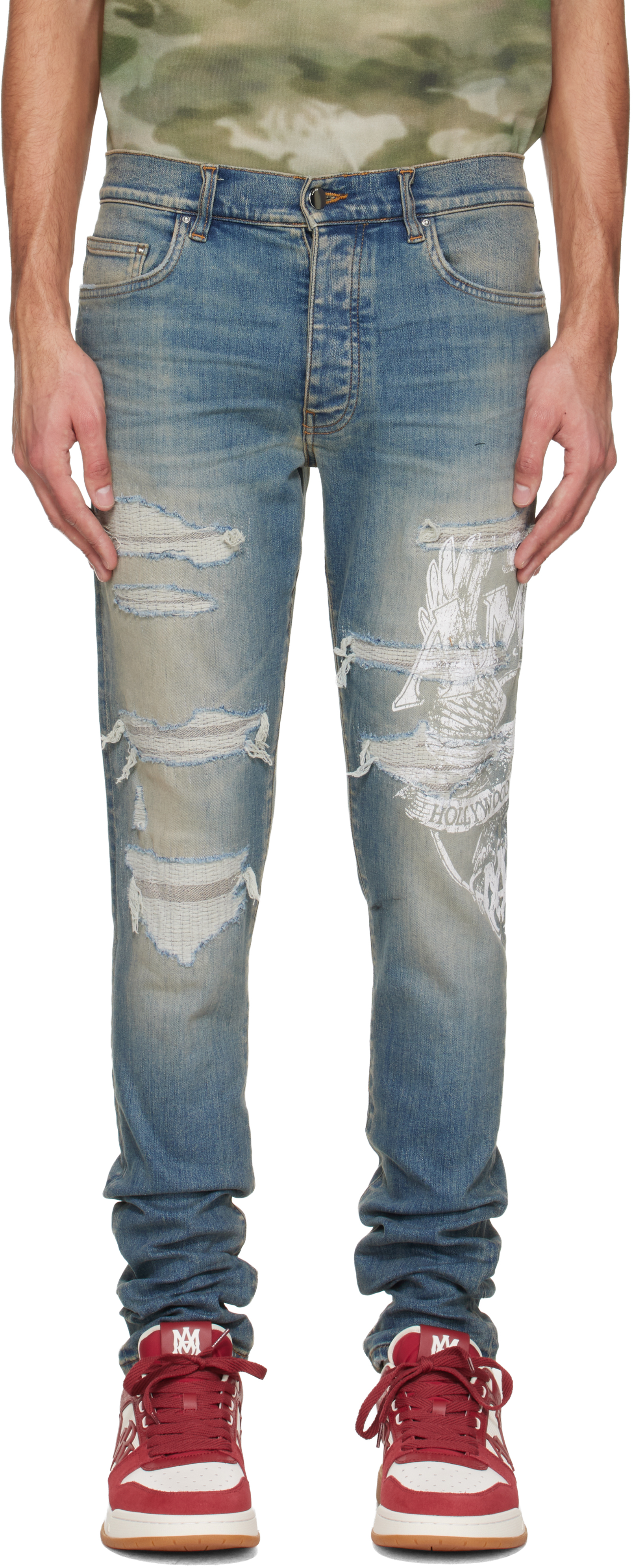 Blue AMIRI Eagle Repair Skinny Jeans by AMIRI on Sale