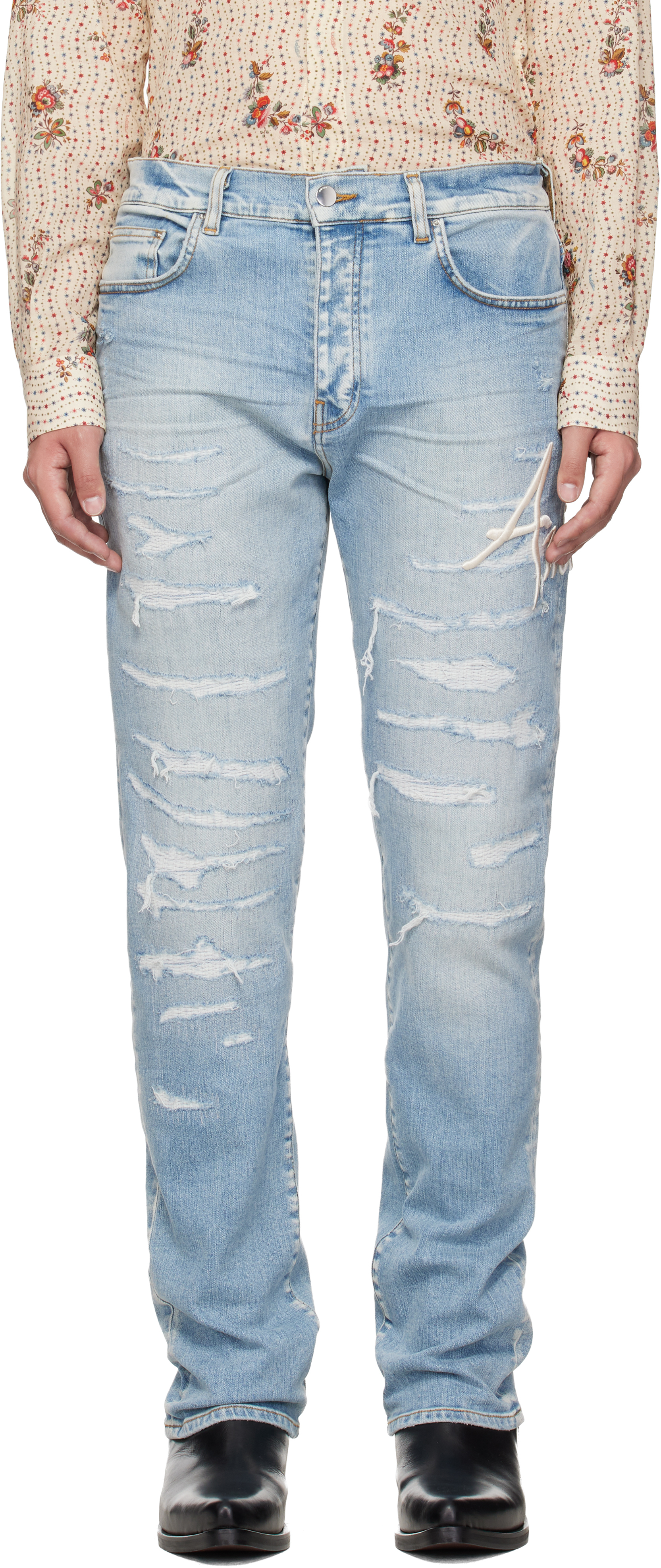 AMIRI: Blue 'AMIRI' Repaired Slim Jeans | SSENSE AMIRI: Blue 'AMIRI' Repaired Slim Jeans | SSENSE