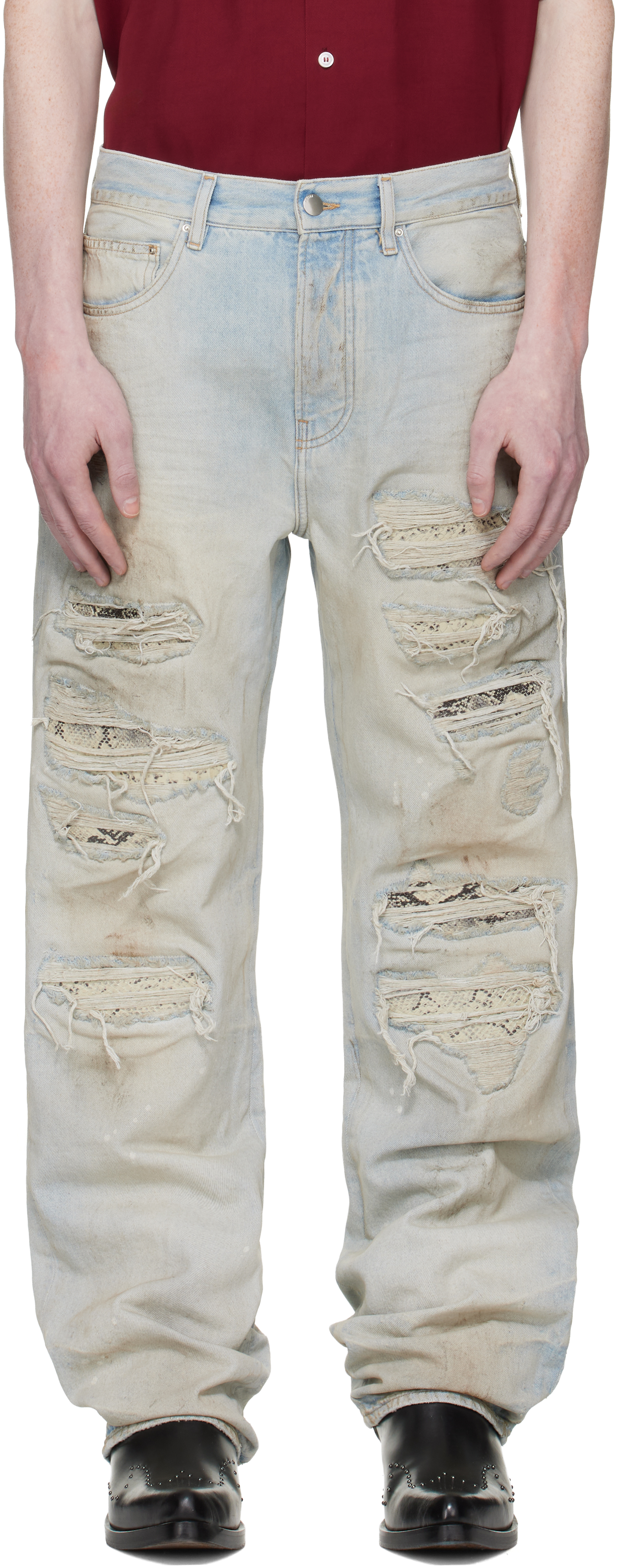 amiri白スネークジーンズ Blue Snake Thrasher Straight Jeans by AMIRI on Sale