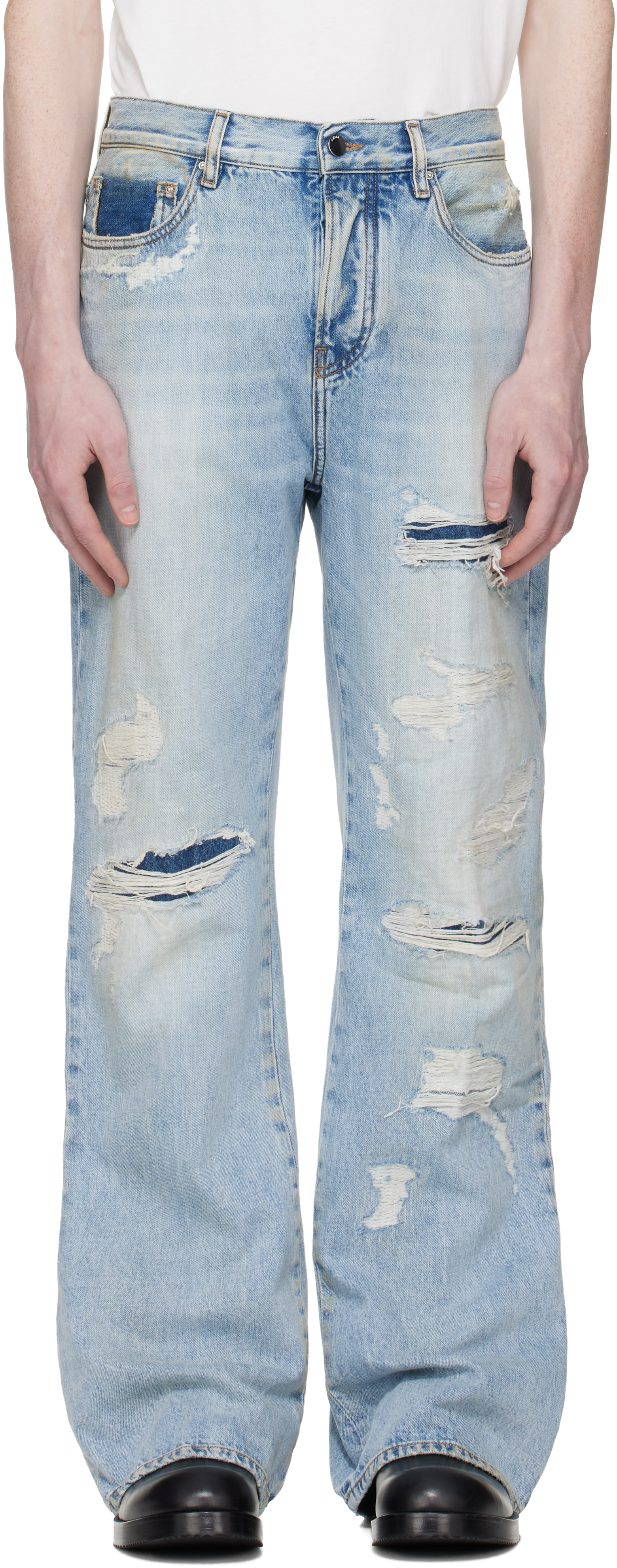 AMIRI Blue Distressed Boot Cut Jeans