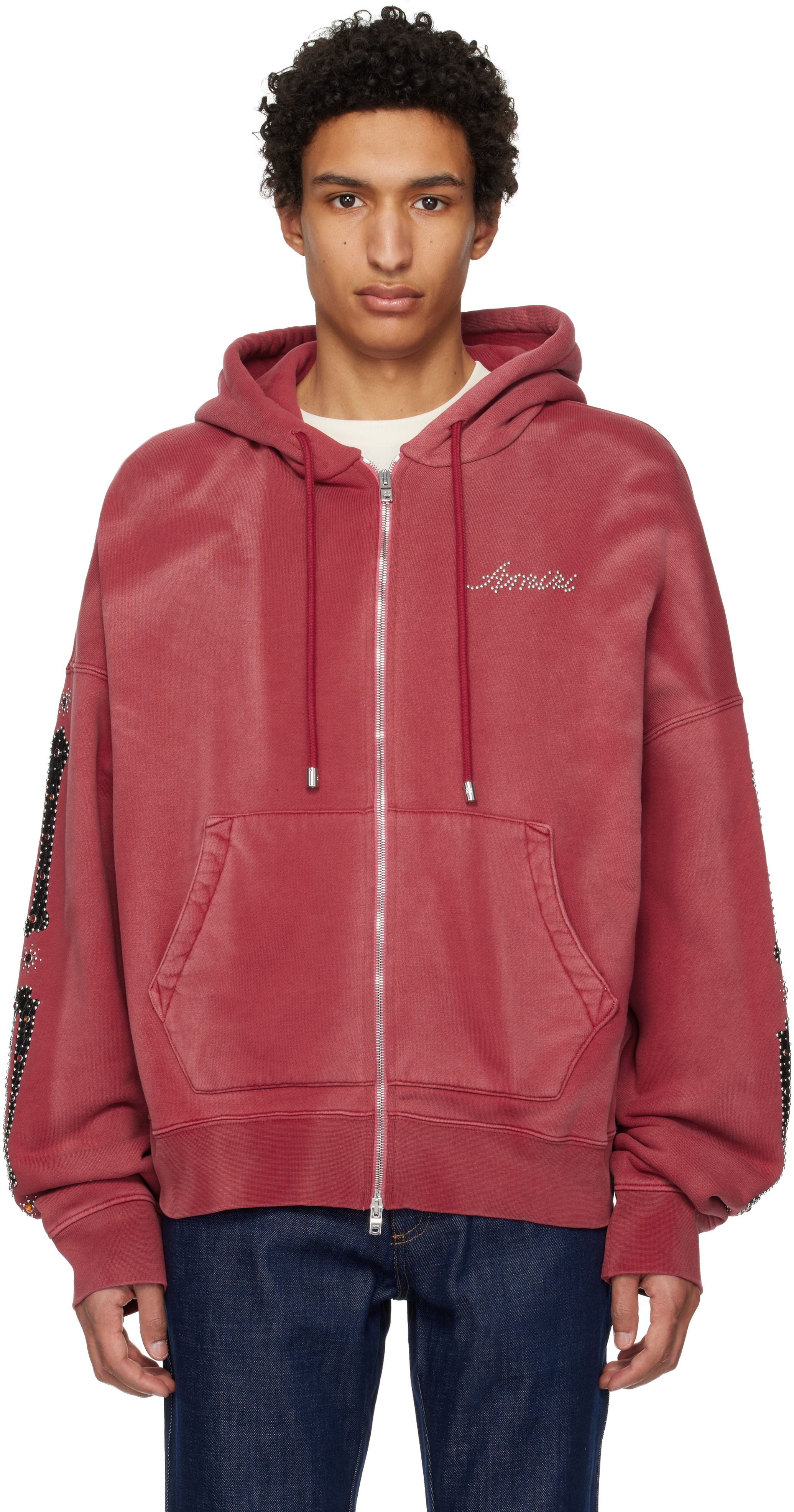AMIRI: Red Bones Studded Oversized Zip Hoodie | SSENSE