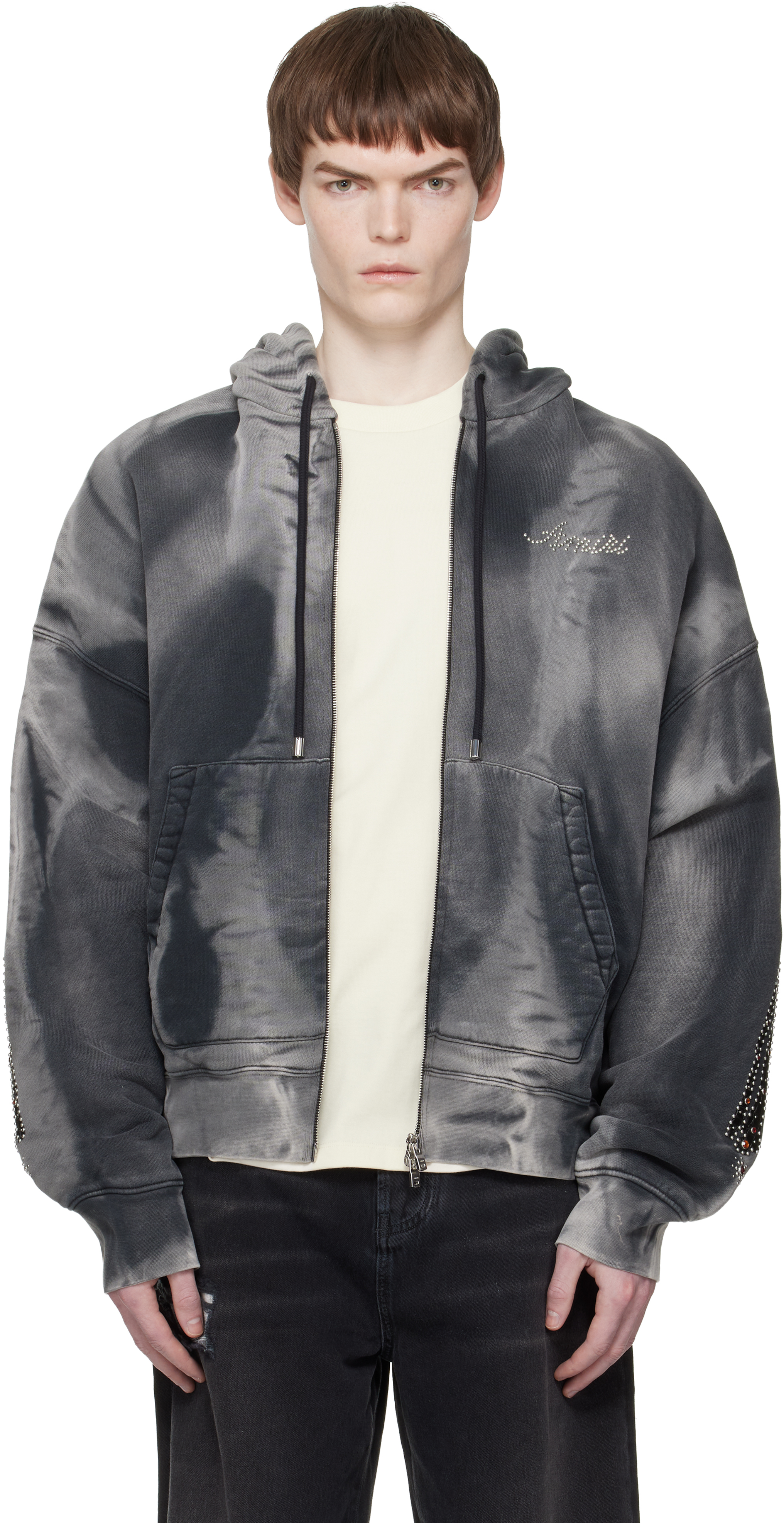 AMIRI ダメージ加工 ジップパーカー グレー AMIRI: グレー Bones Studded オーバーサイズ ジップフーディ | SSENSE