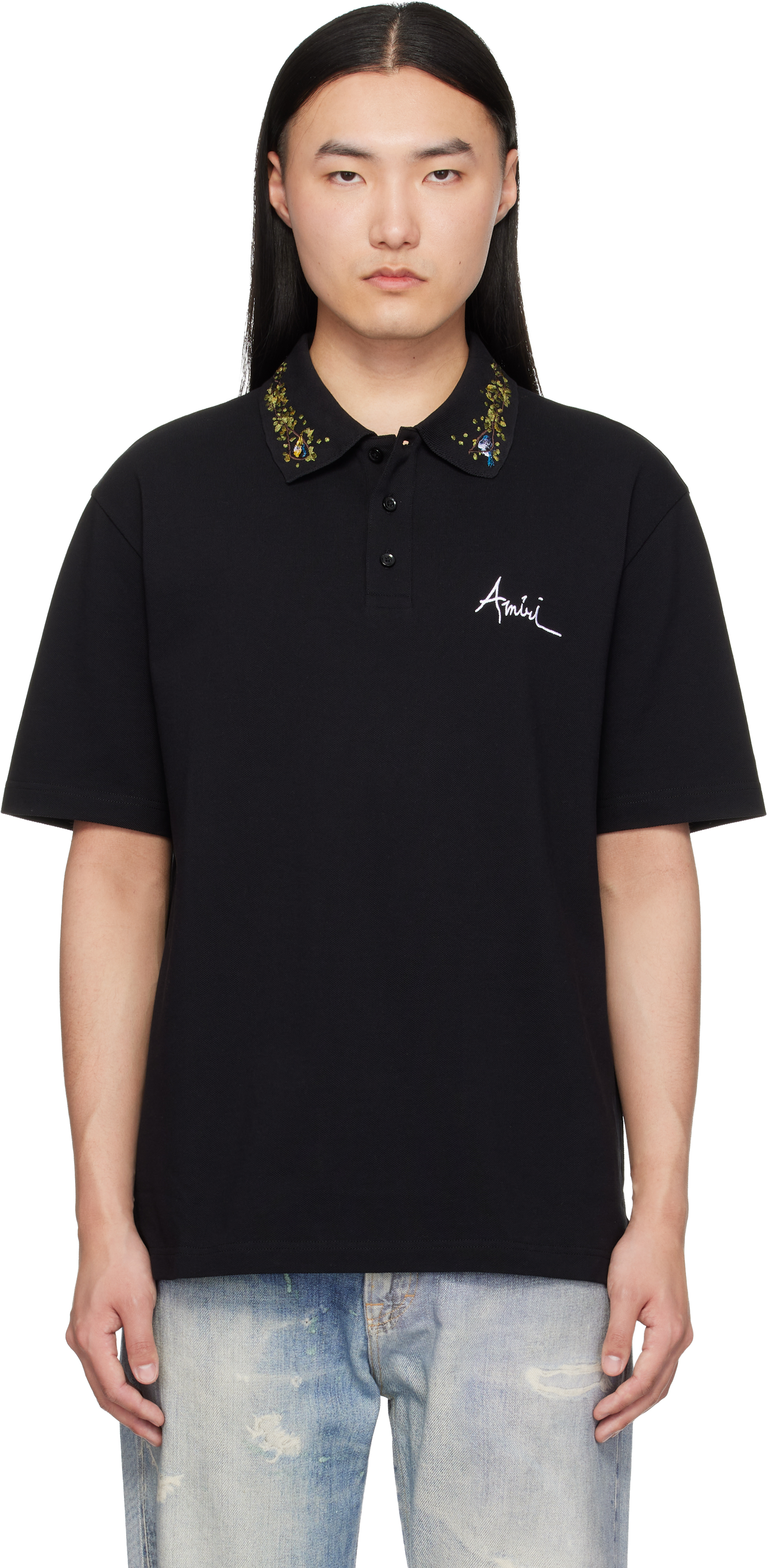 AMIRI: ブラック 'AMIRI' Floral Collar ポロシャツ | SSENSE 日本