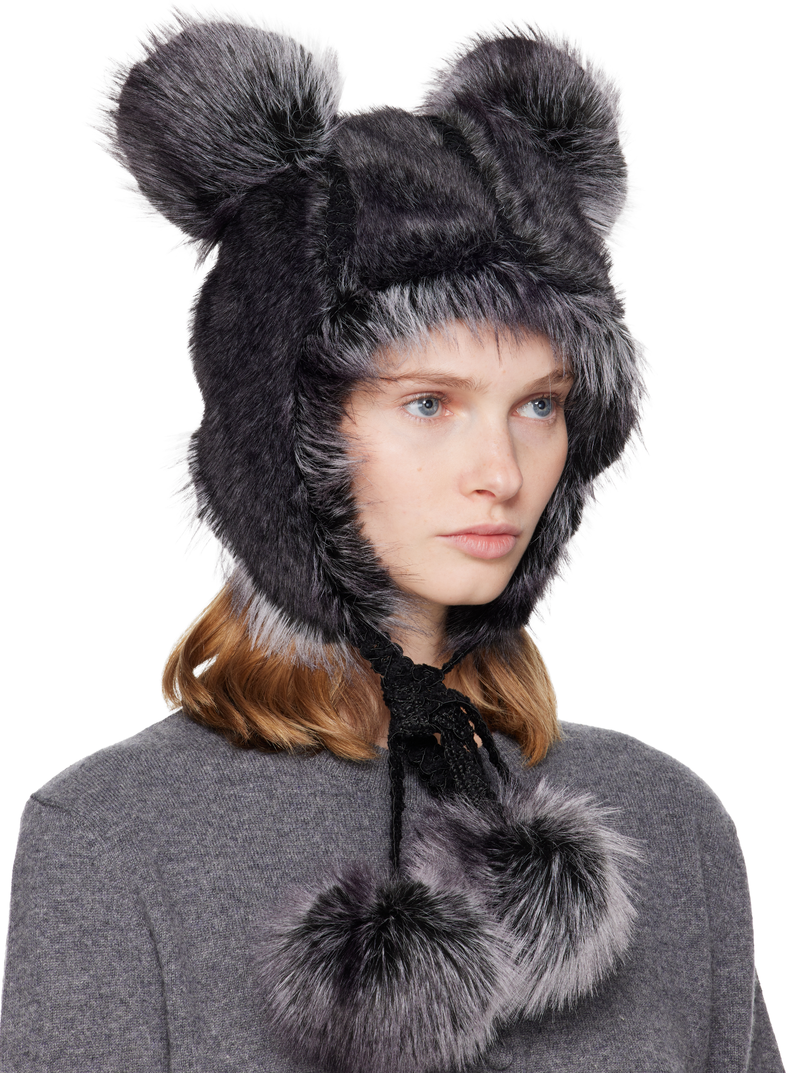 Anna Sui Ssense Exclusive Black & Gray Faux Fur Teddy Bear Hat In Gray