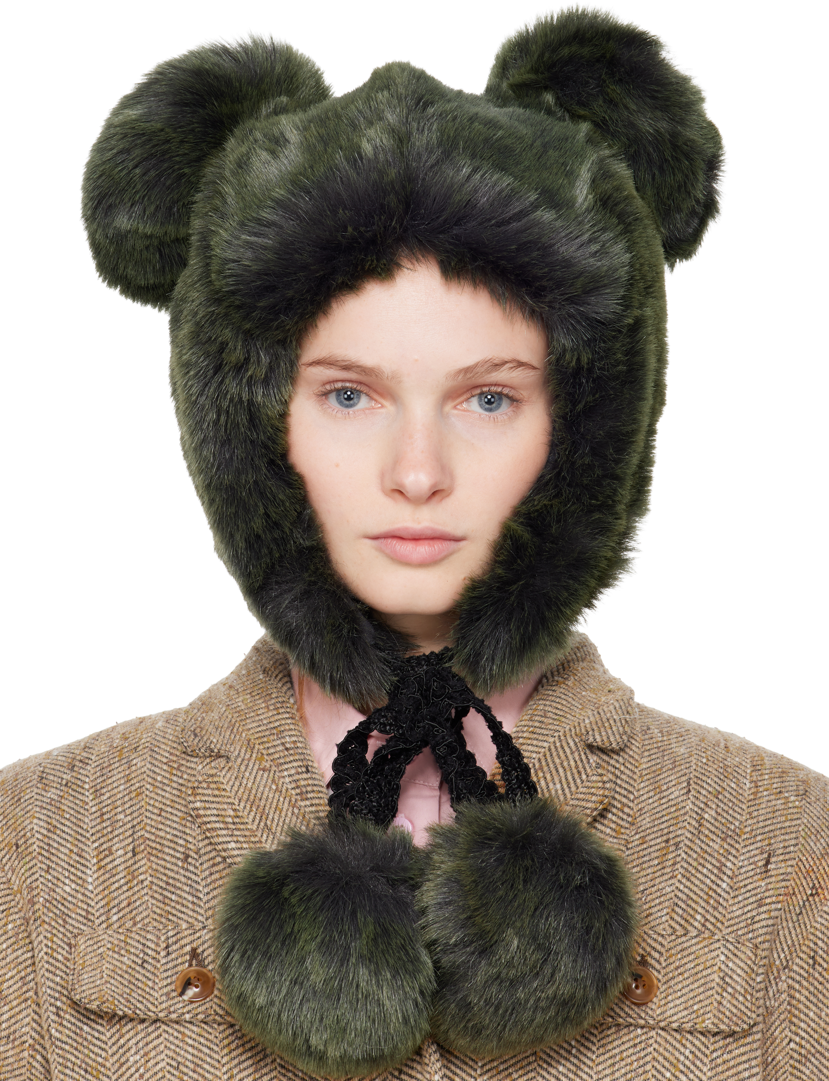 Anna Sui: SSENSE Exclusive Green Faux Fur Teddy Bear Hat | SSENSE