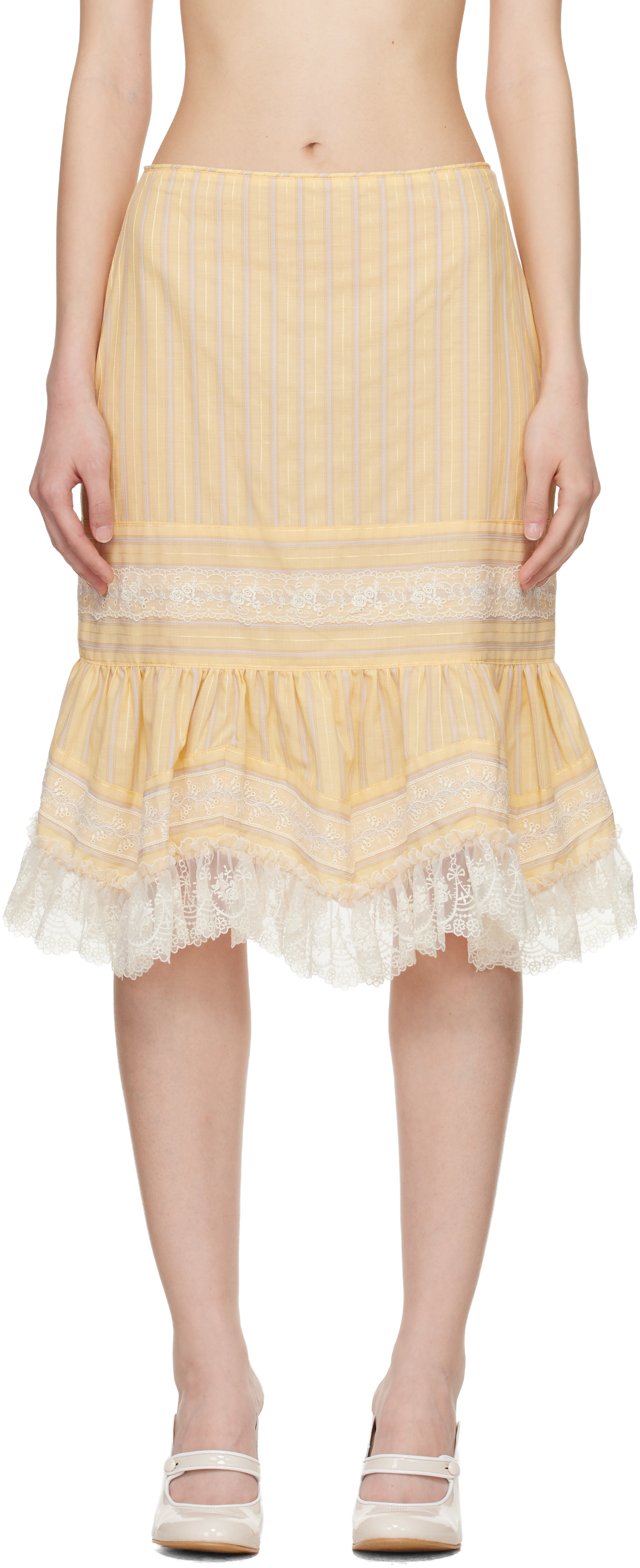 Anna Sui: Yellow Ruffle Lace Midi Skirt | SSENSE