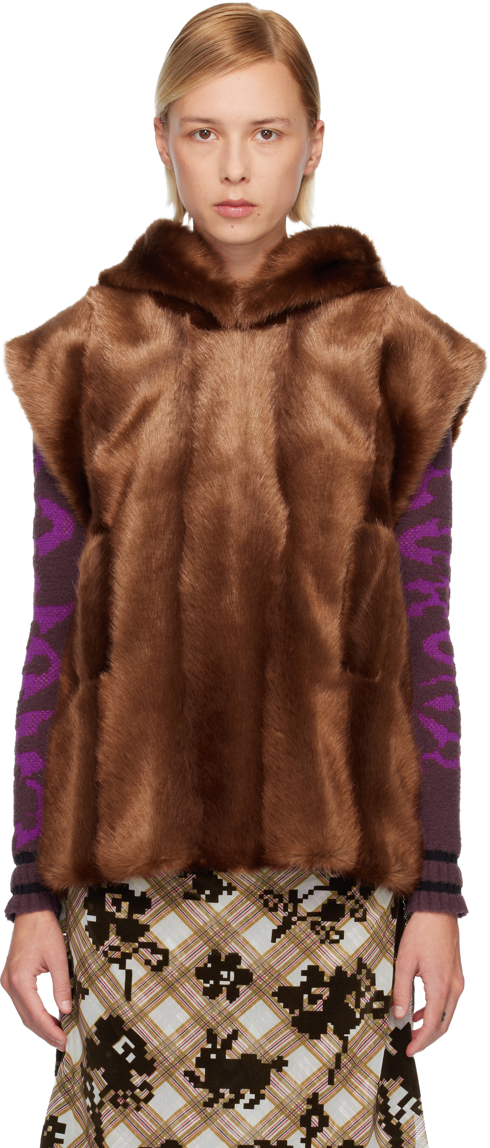 Anna Sui Ssense Exclusive Brown Sleeveless Faux-mink Hoodie In Brown