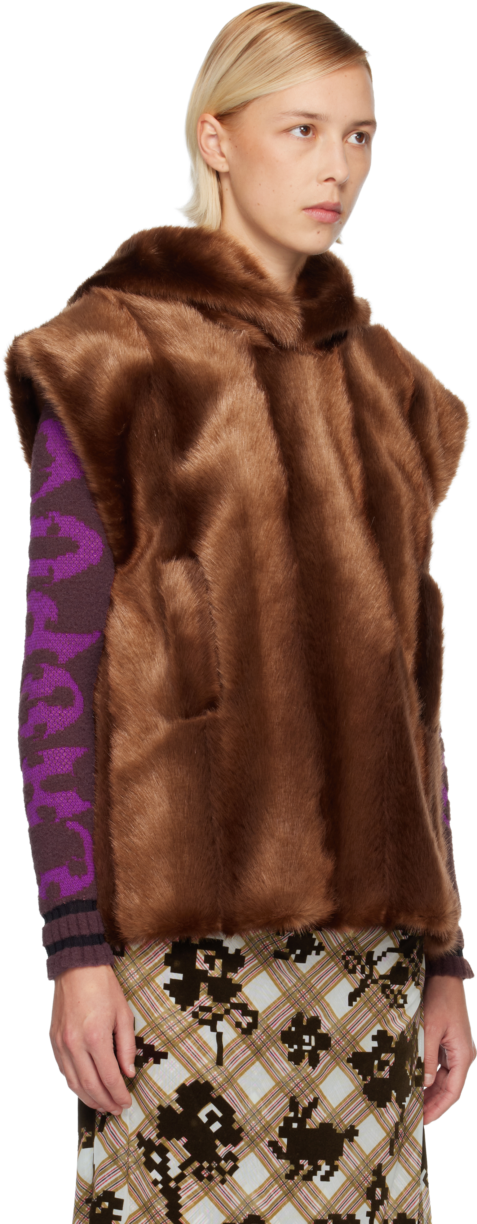 Anna Sui Ssense Exclusive Brown Sleeveless Faux-mink Hoodie In Brown