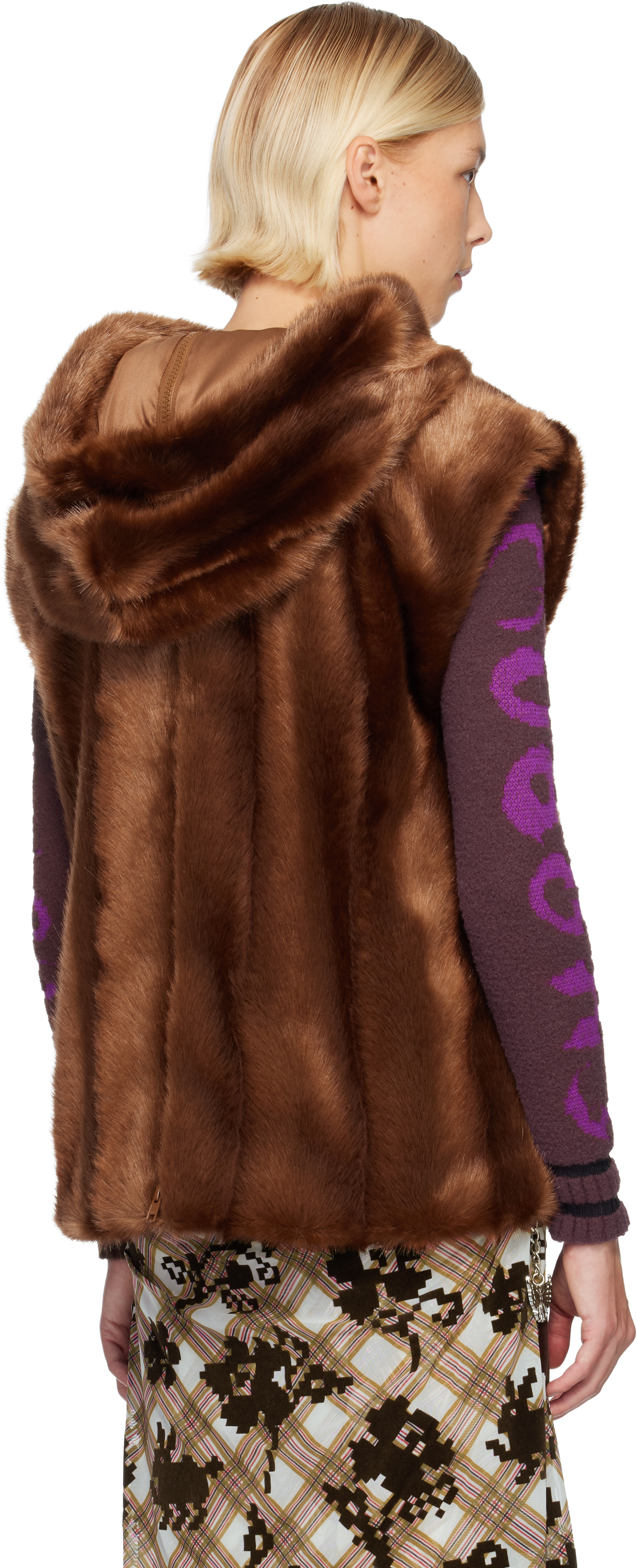 Anna Sui Ssense Exclusive Brown Sleeveless Faux-mink Hoodie In Brown