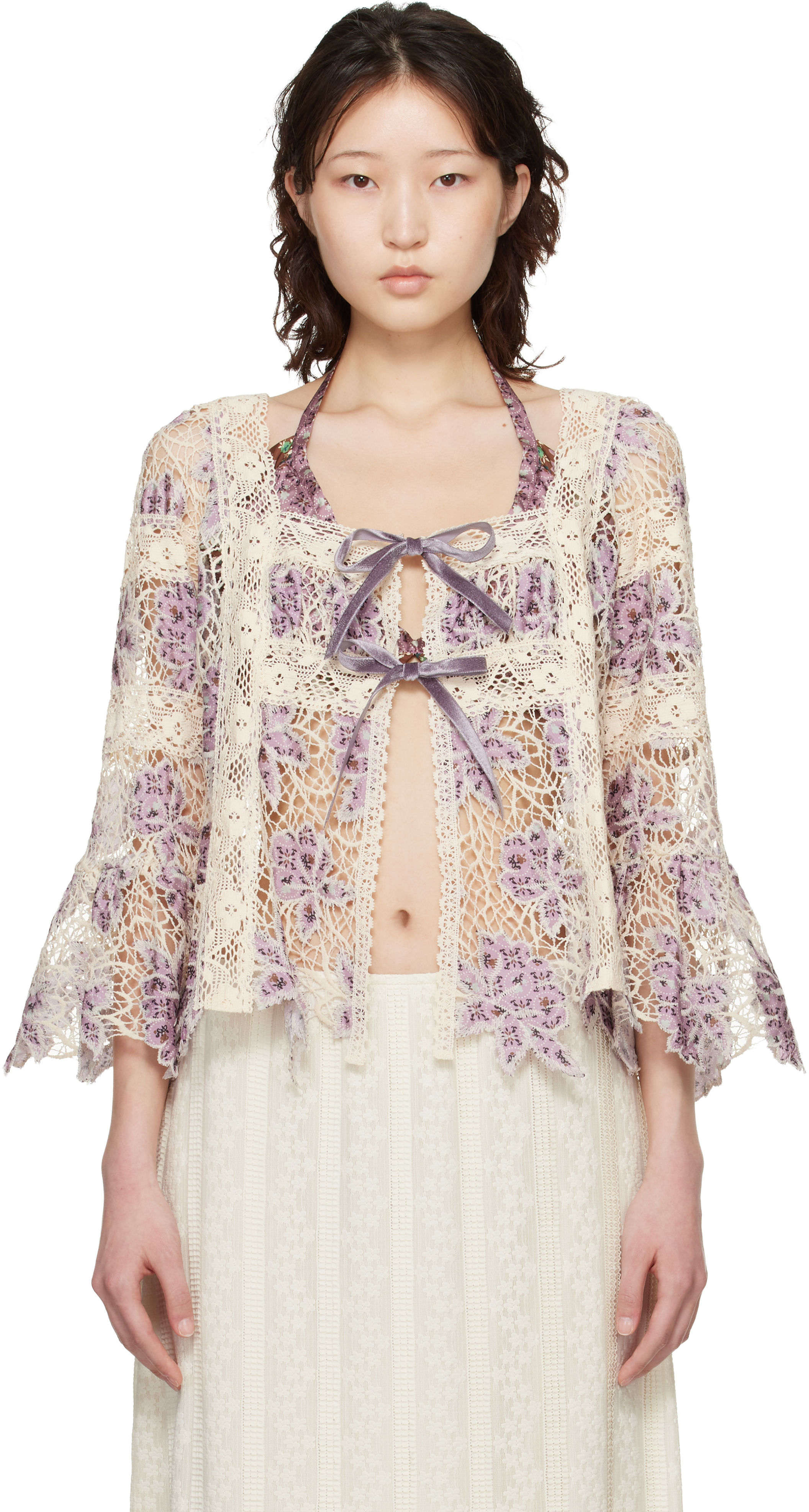 Purple & Off-White Medallion Floral Lace Tie Blouse by Anna Sui on