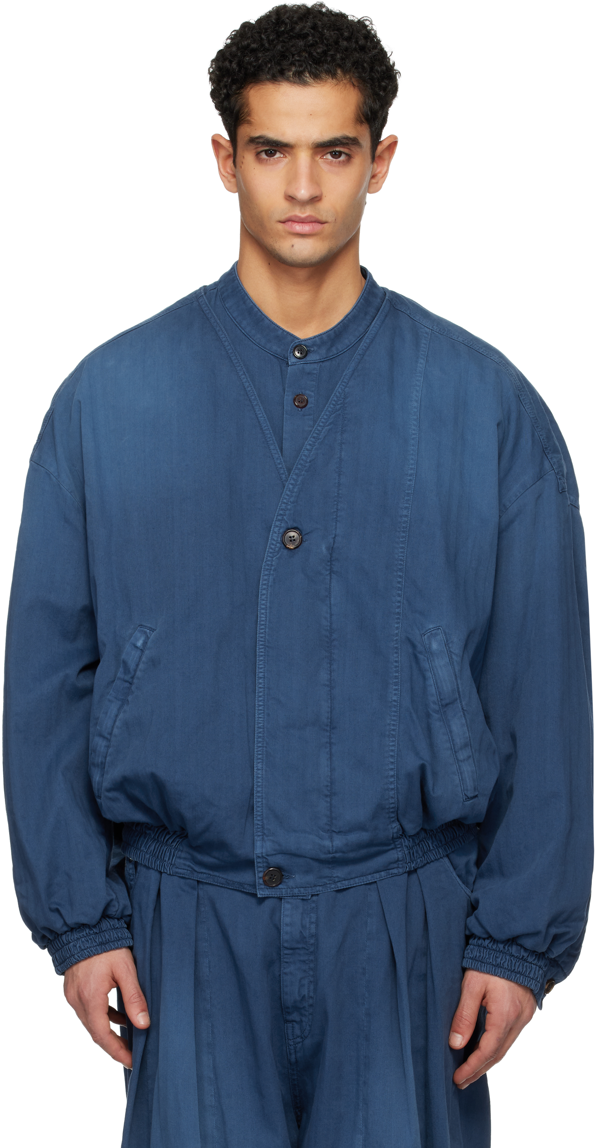 Blue Herringbone Denim Bomber Jacket by Hed Mayner on Sale