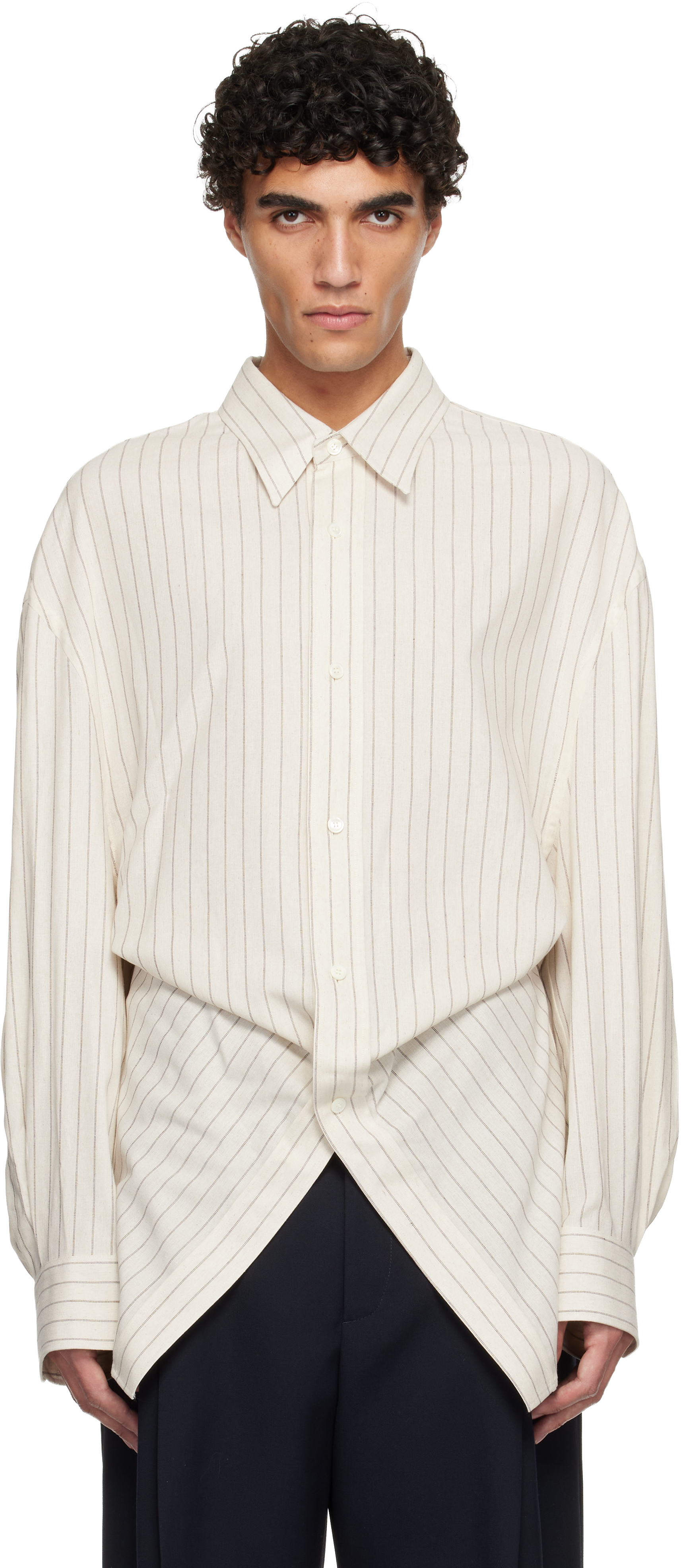 Hed Mayner: Beige Pin Stripe Shirt | SSENSE