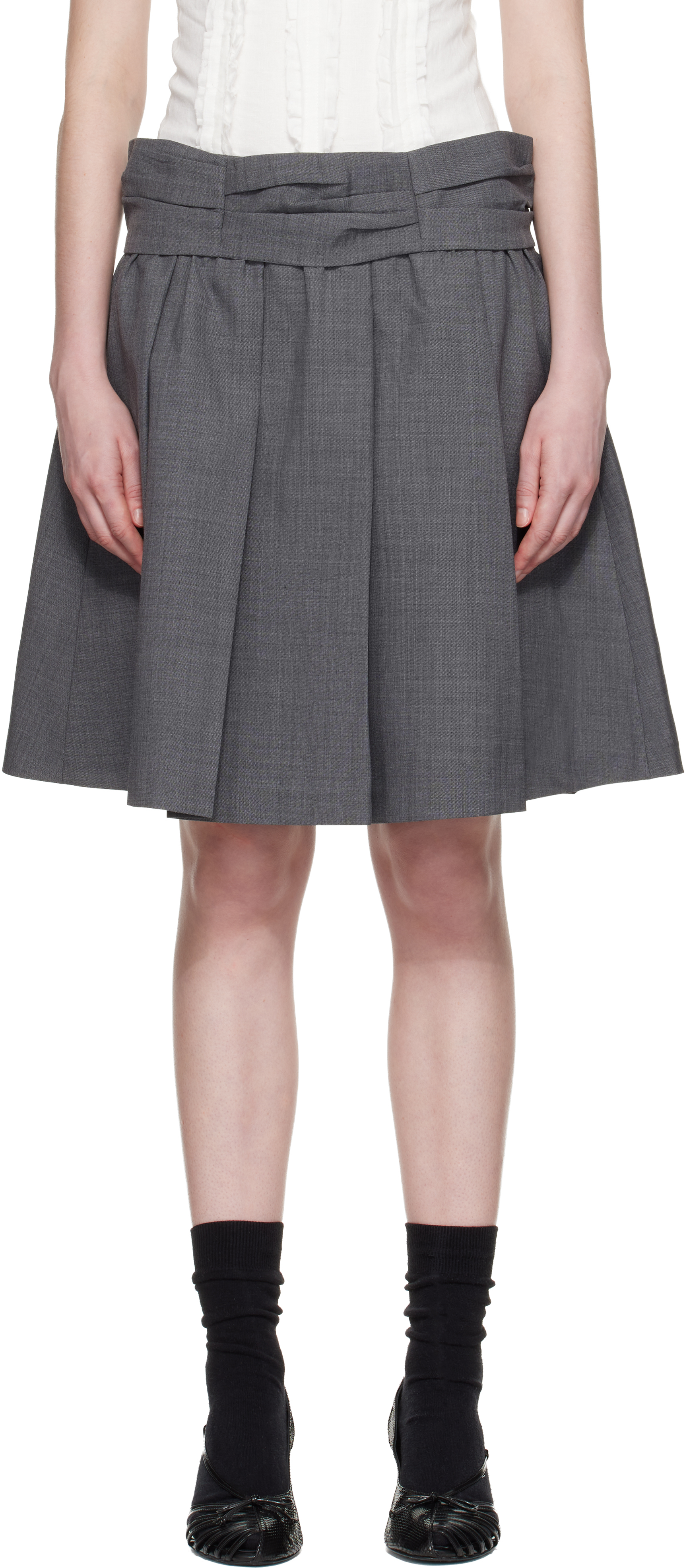 Gray Draped Waist Wide-Pleat Midi Skirt by SHUSHU/TONG on Sale