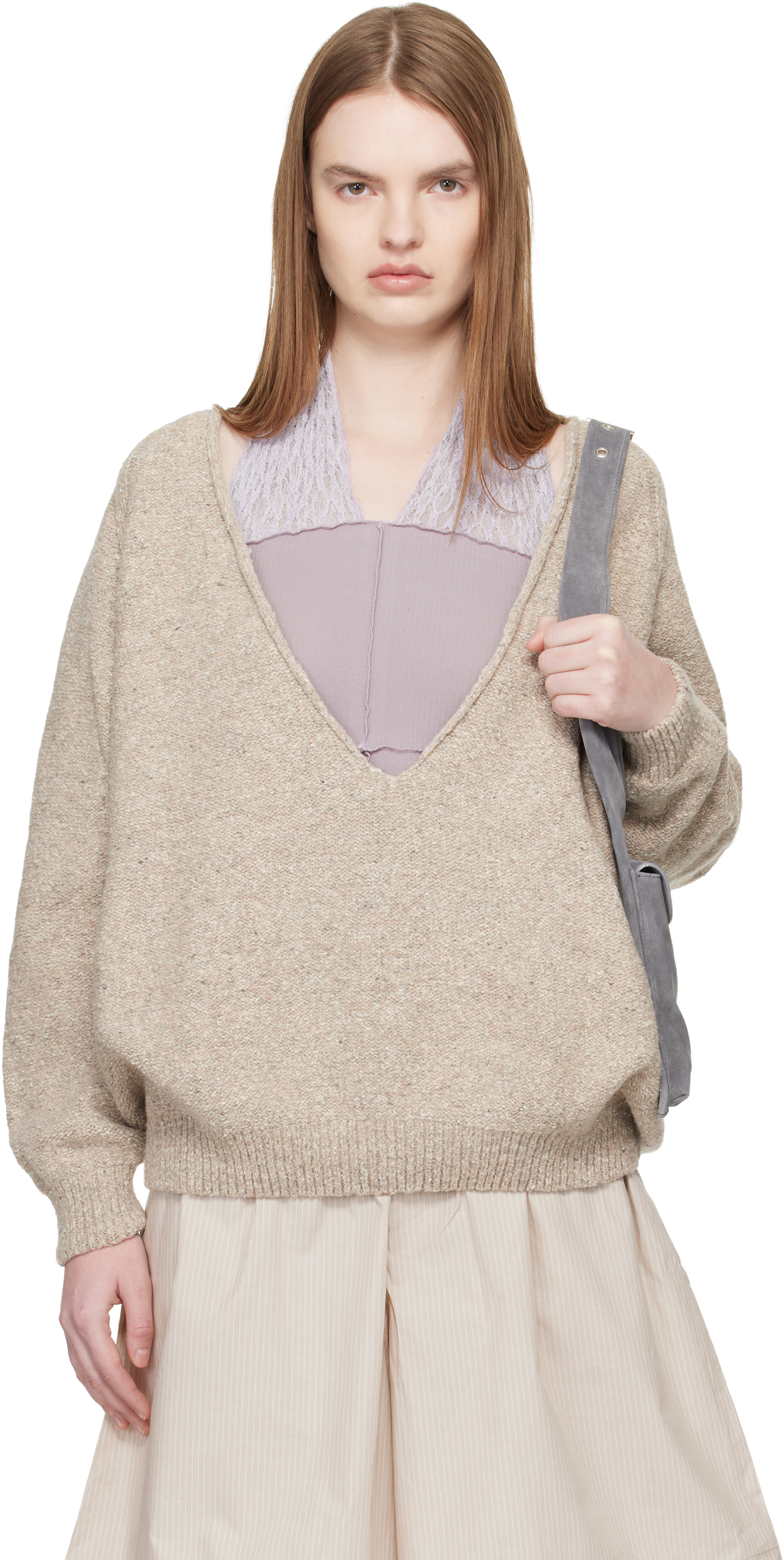 Baserange: Beige Soar V Neck Sweater | SSENSE