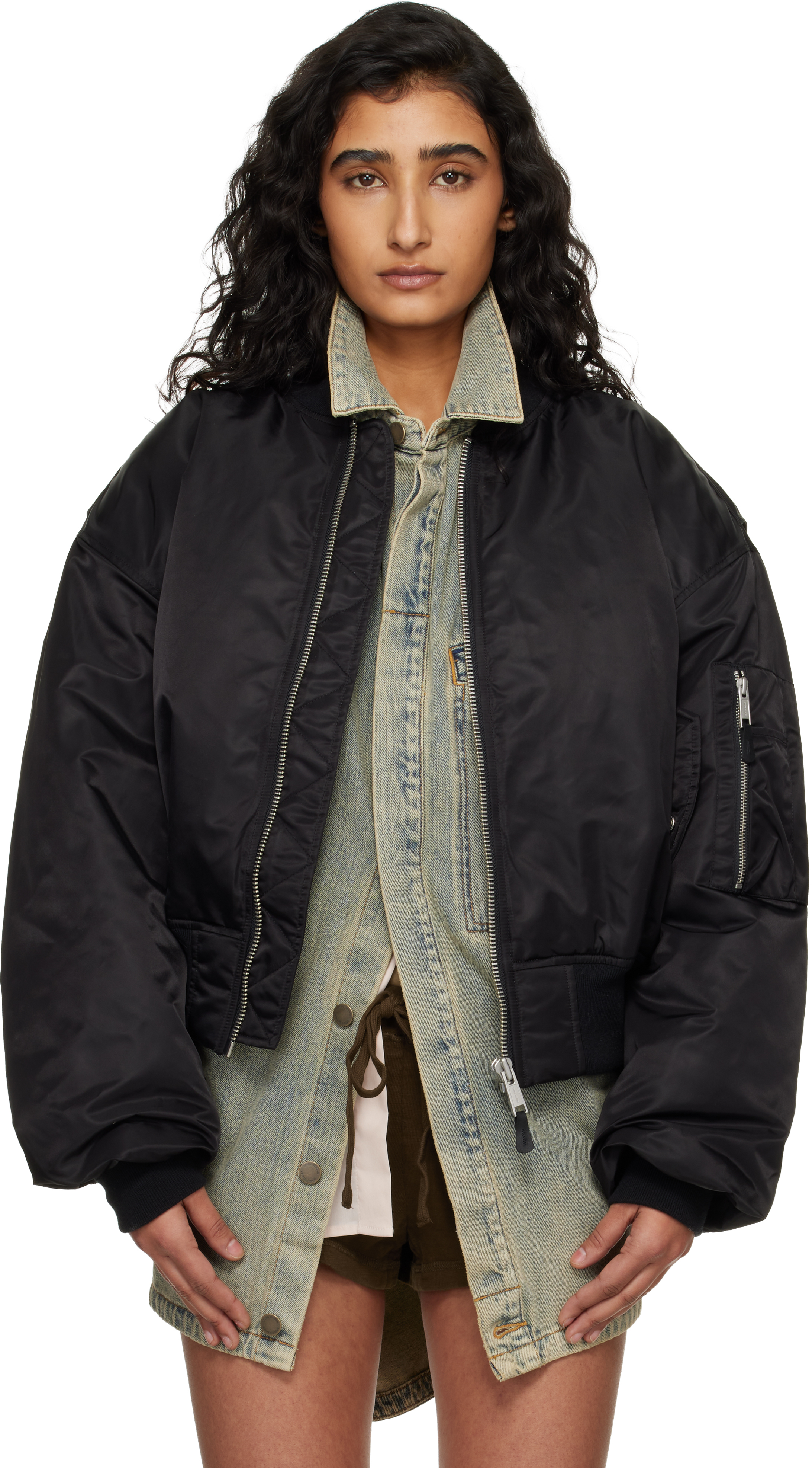 Black Cropped Broad Bomber Jacket by Entire Studios on Sale