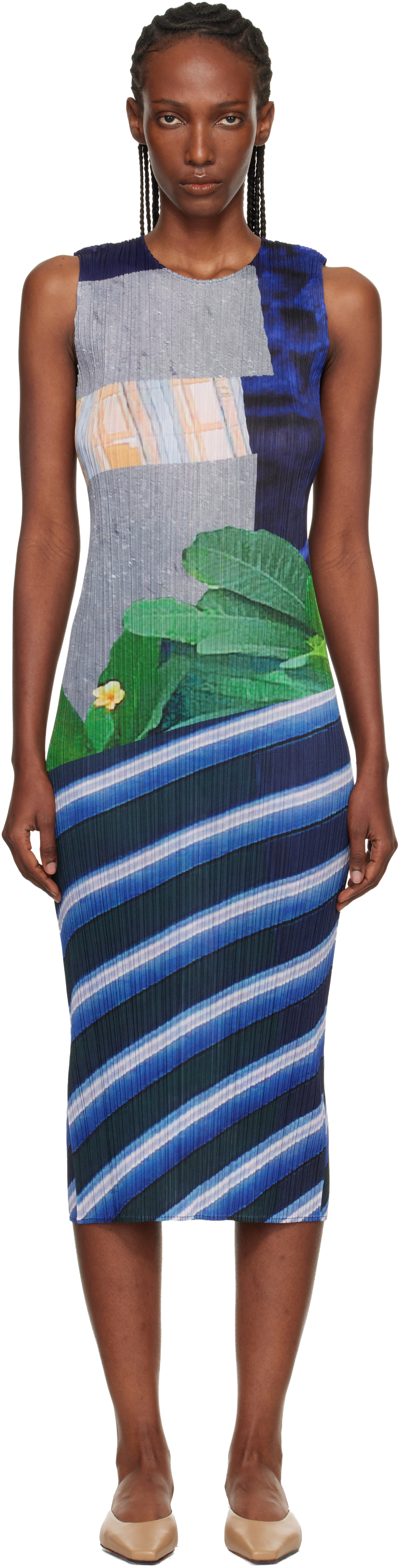 PLEATS PLEASE ISSEY MIYAKE: Gray & Navy City Collage Midi Dress