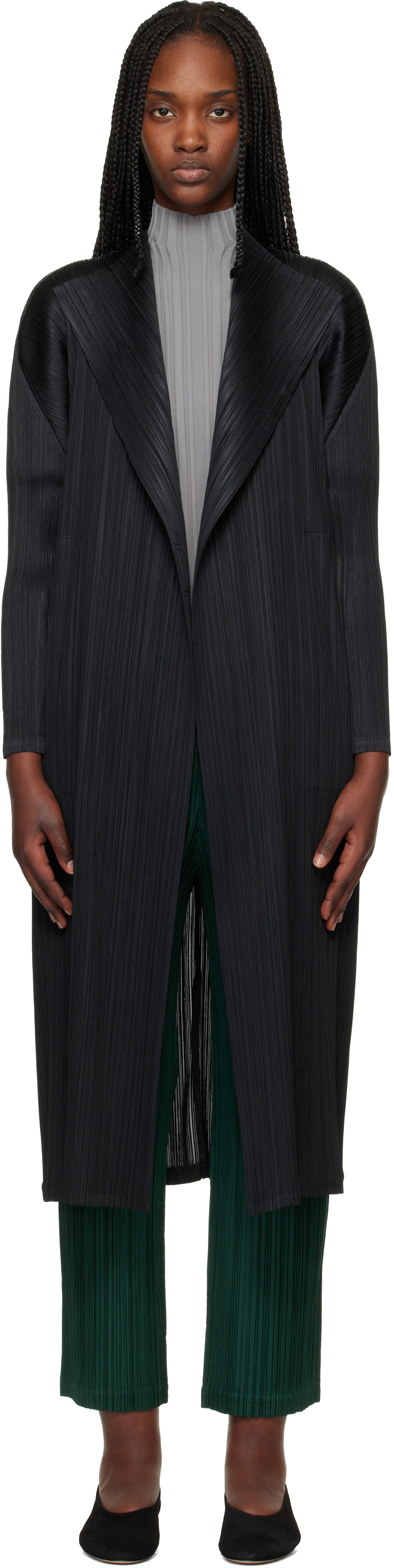 PLEATS PLEASE ISSEY MIYAKE: Black Facade Coat | SSENSE
