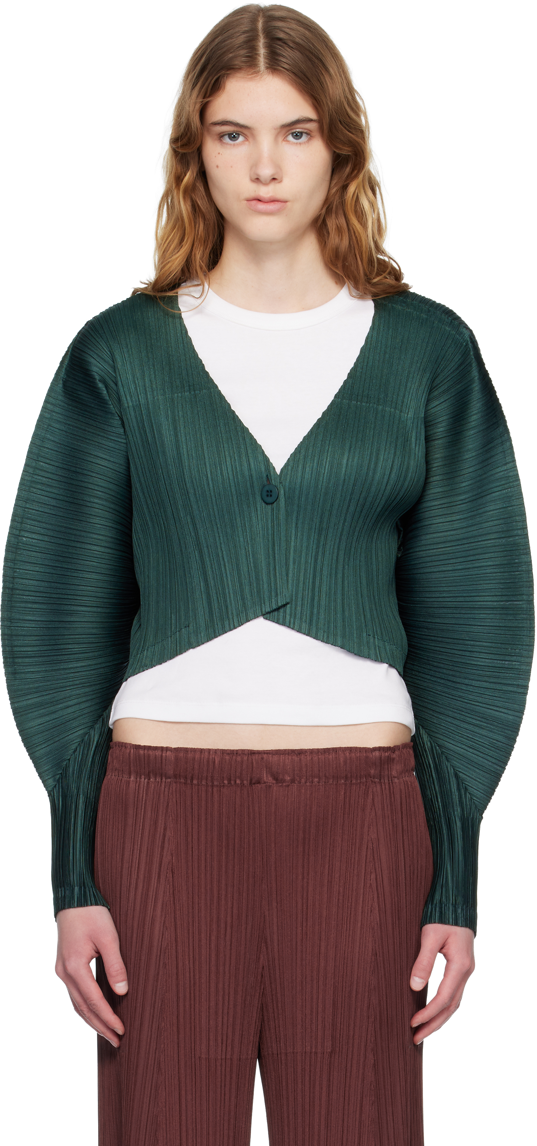 PLEATS PLEASE ISSEY MIYAKE: Green Monthly Colors December Cardigan