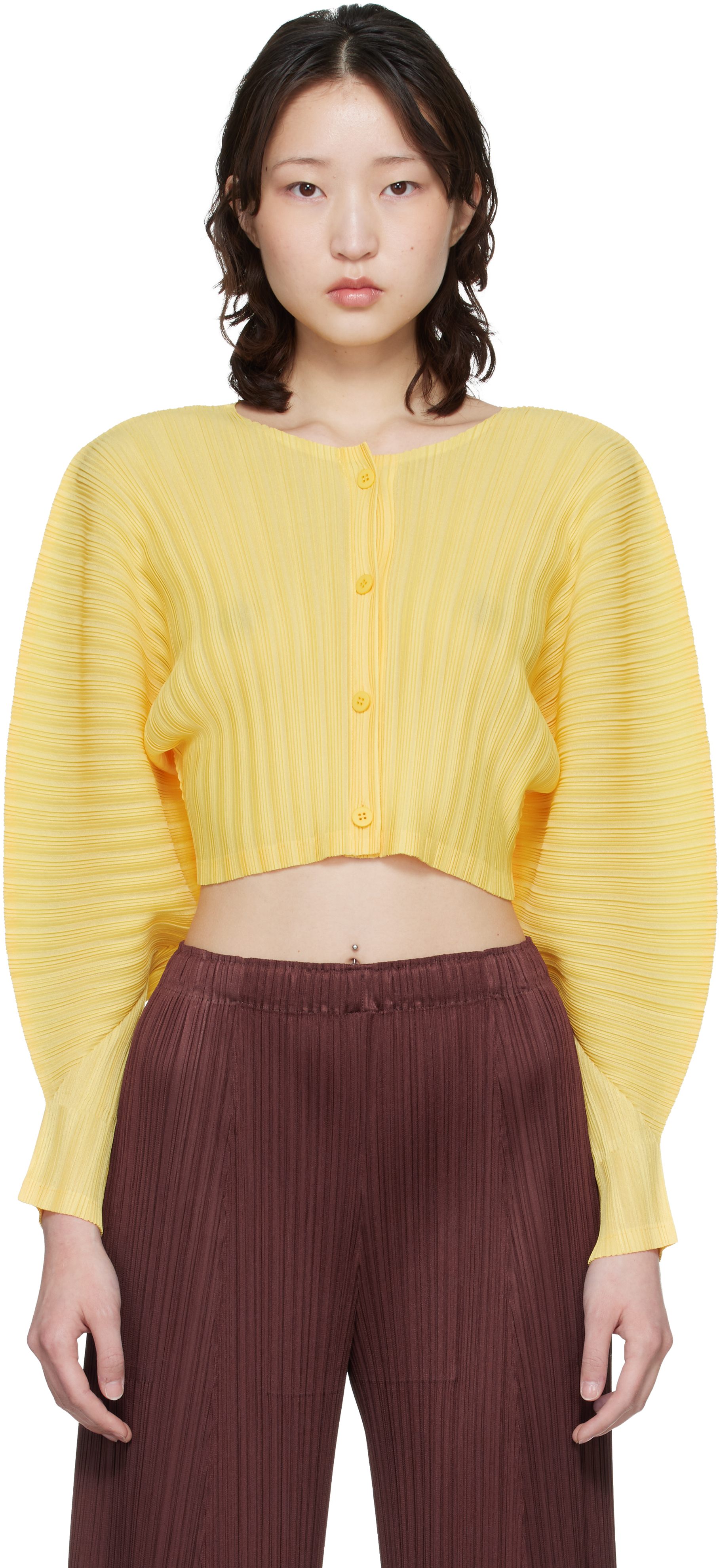 PLEATS PLEASE ISSEY MIYAKE: Yellow Rib Pleats January Cardigan
