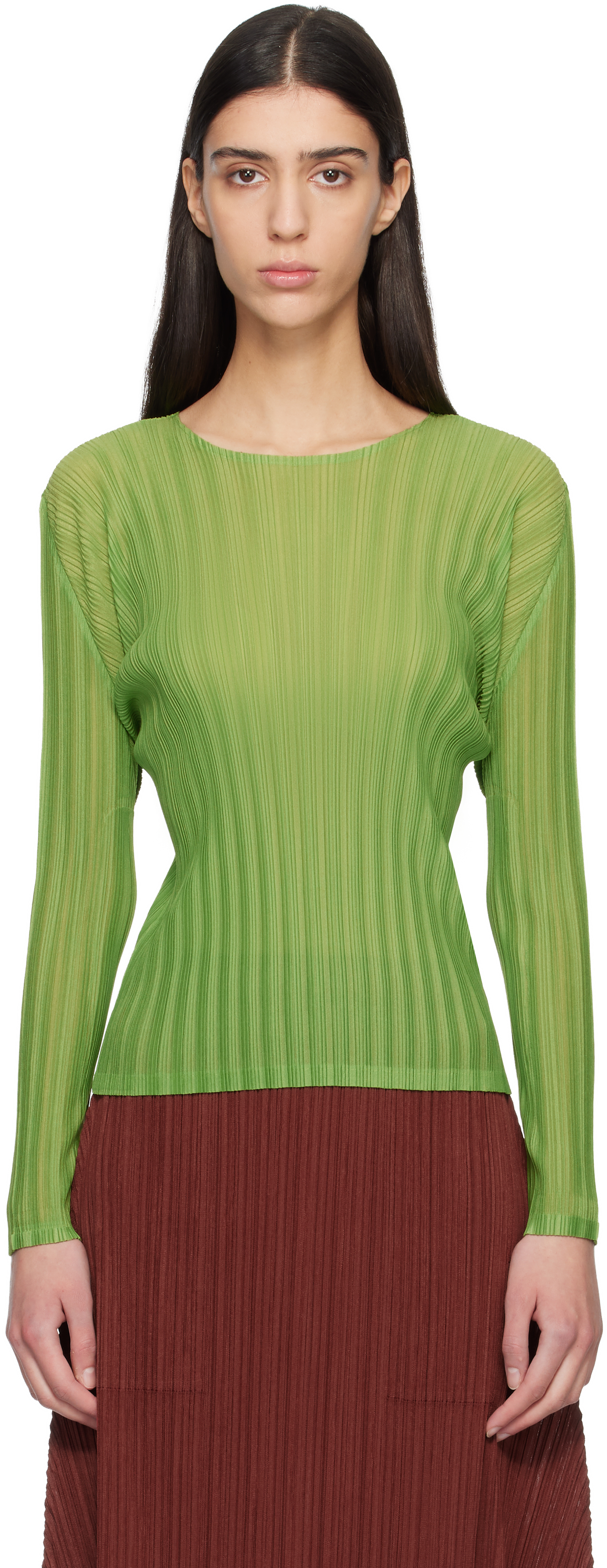 PLEATS PLEASE ISSEY MIYAKE: Green Rib Pleats November Top | SSENSE