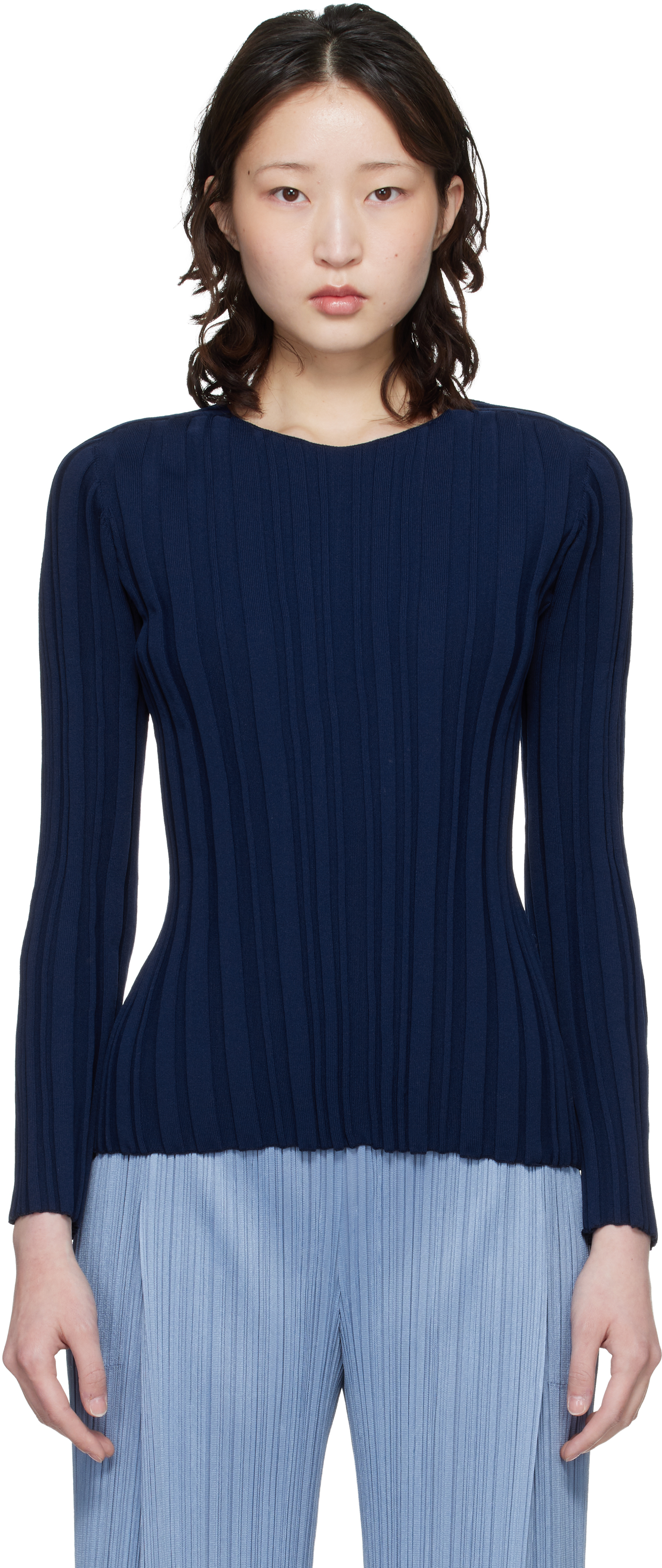 PLEATS PLEASE ISSEY MIYAKE: Navy Rib Knit Top | SSENSE