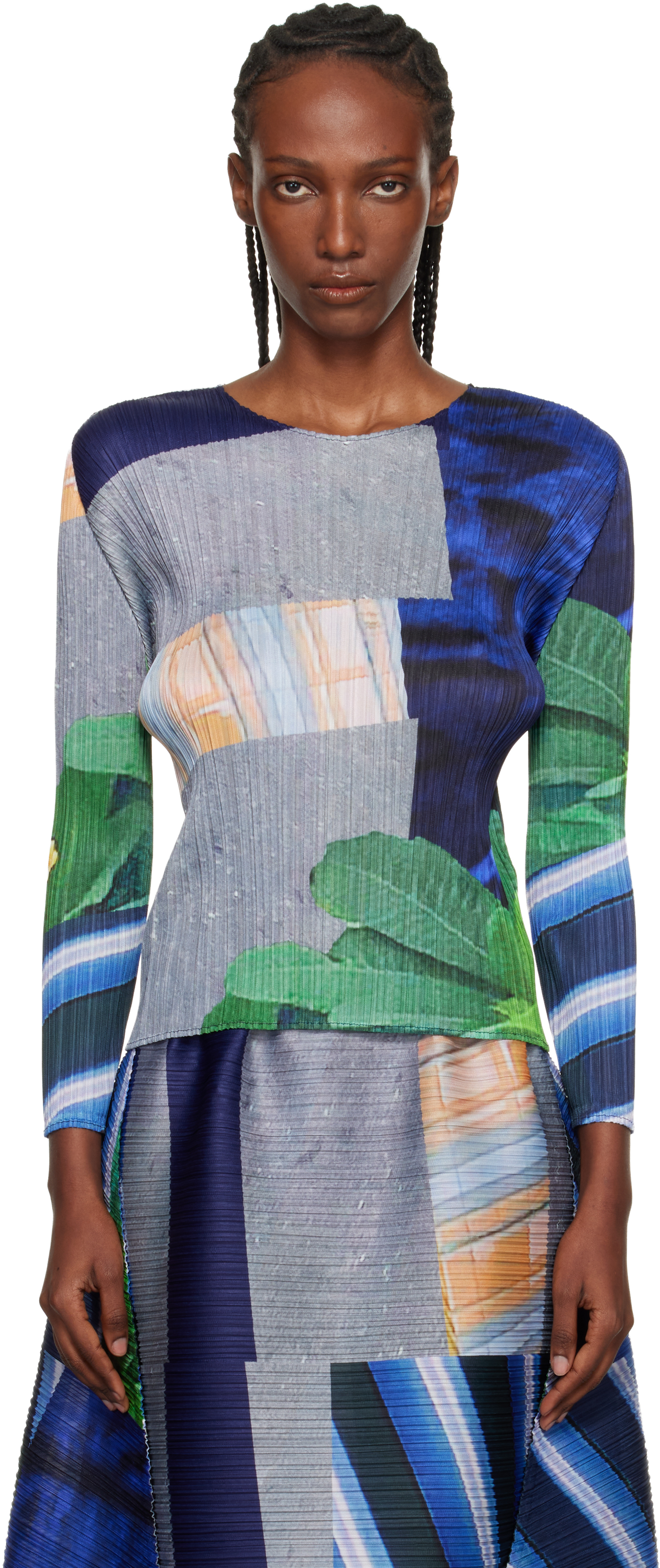 PLEATS PLEASE ISSEY MIYAKE: Gray & Navy City Collage T-shirt | SSENSE