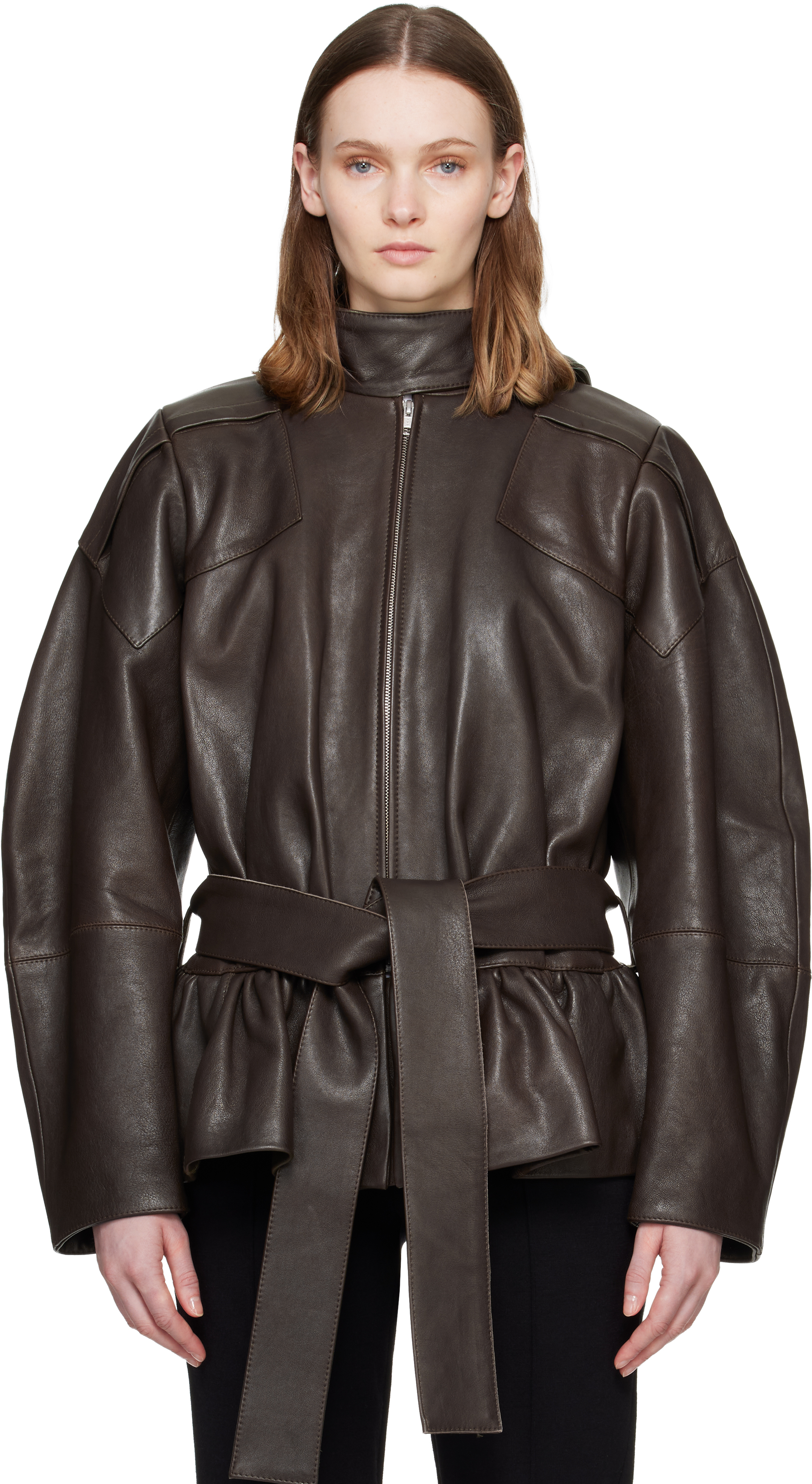FIDAN NOVRUZOVA: Khaki Julia Leather Jacket | SSENSE